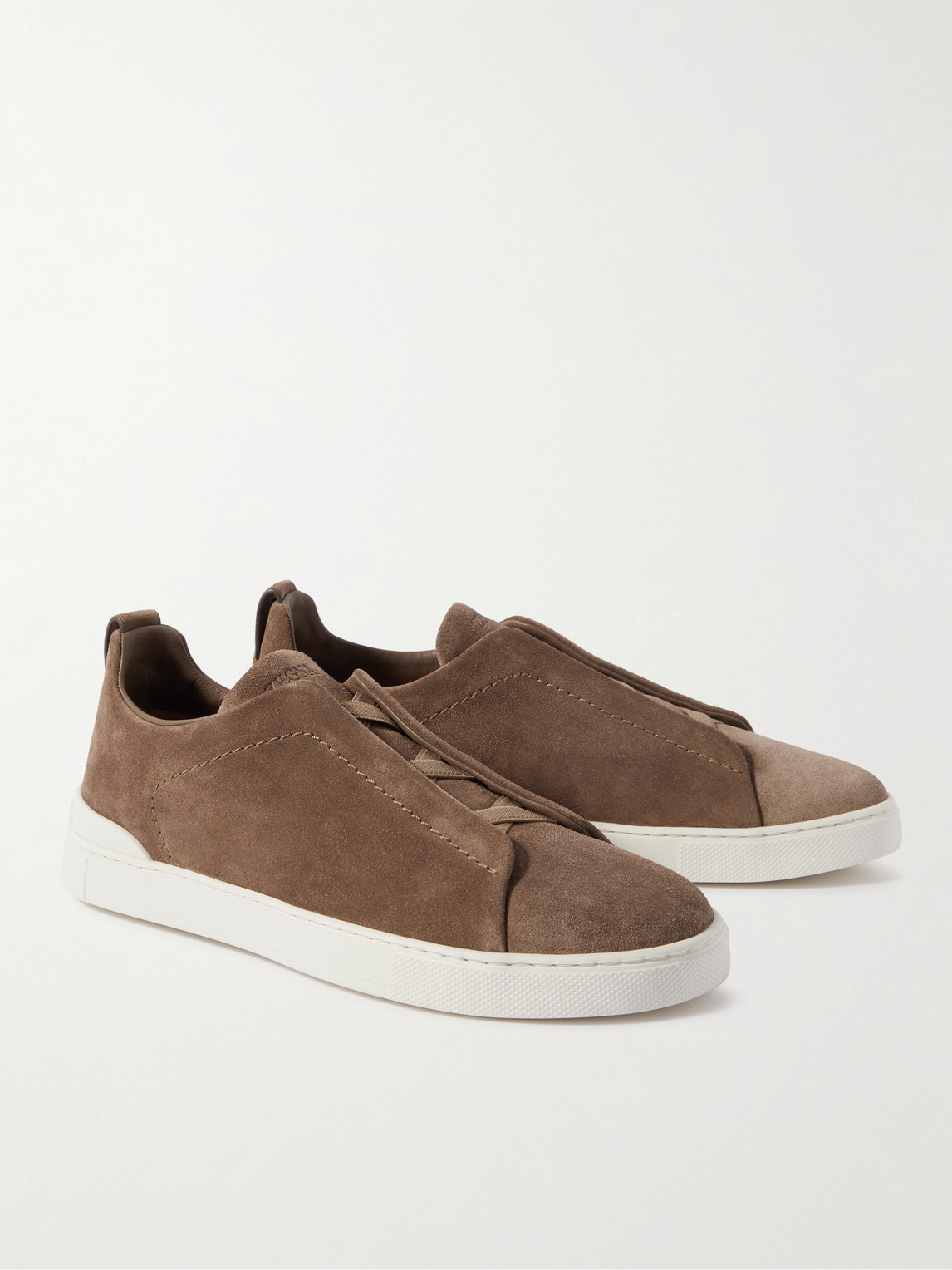 Zegna Camel Suede Triple Stick Sneakers In Brown