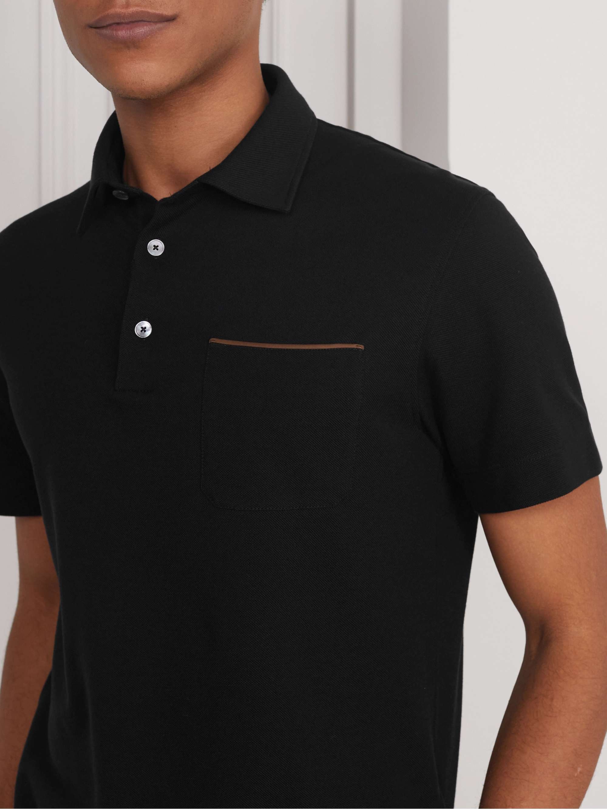 ZEGNA Leather-Trimmed Cotton-Piqué Polo Shirt