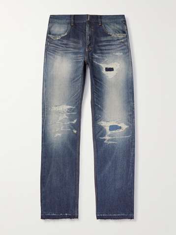 GIVENCHY Distressed denim and satin straight-leg pants