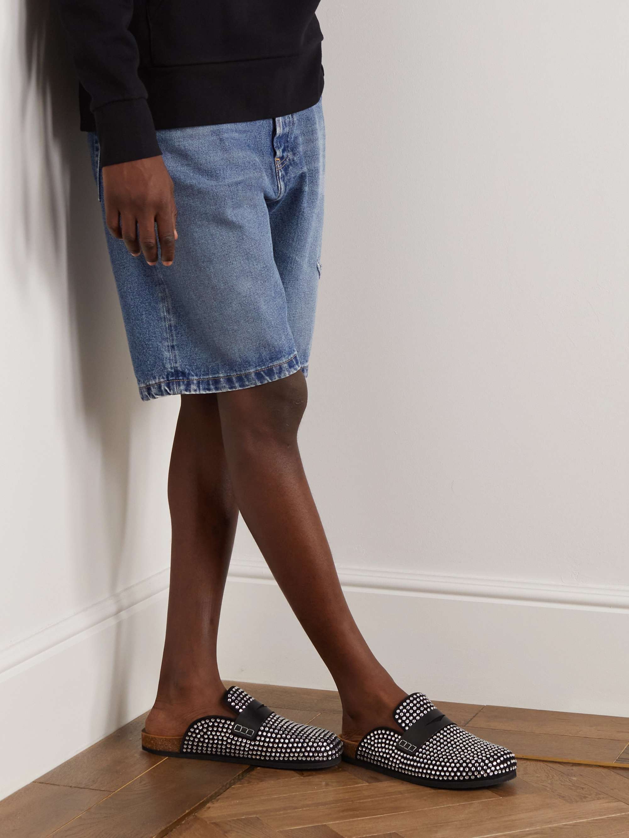 JW ANDERSON Leather-Trimmed Crystal-Embellished Suede Slippers