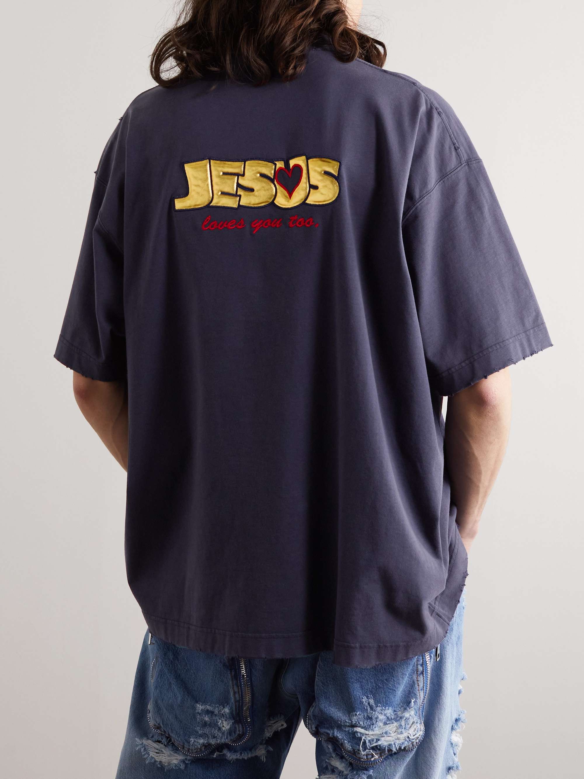 Oversized Distressed Appliquéd Cotton-Jersey T-Shirt