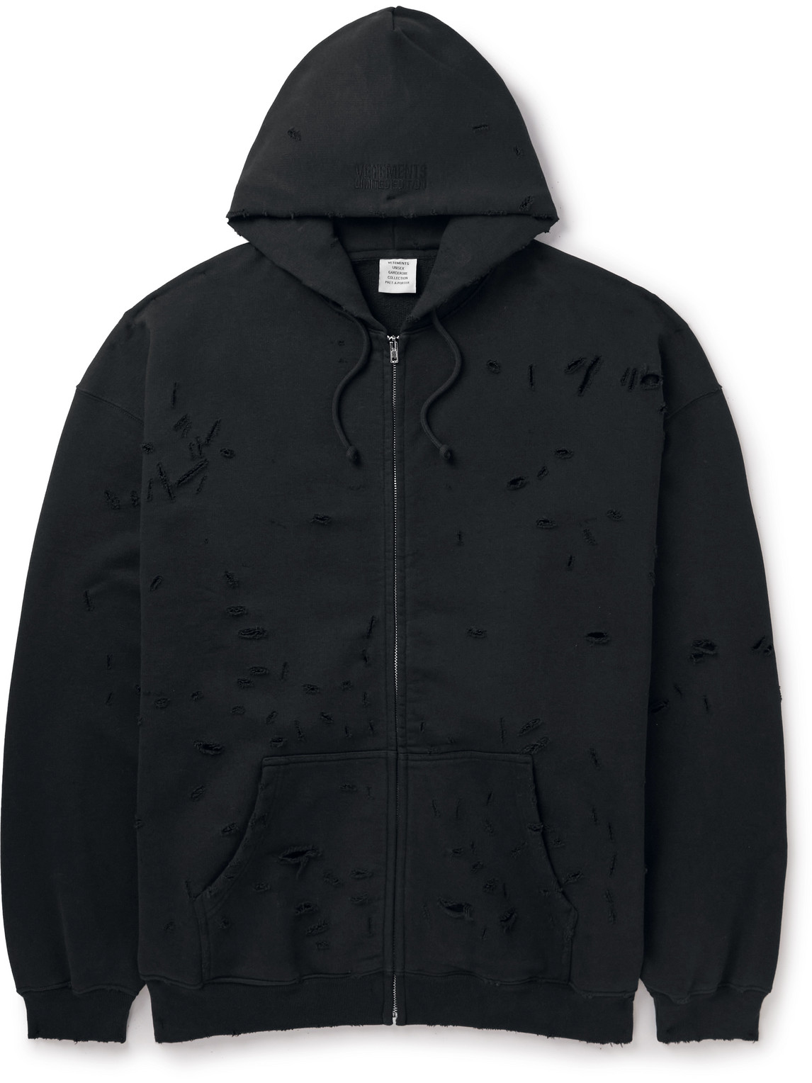 VETEMENTS OVERSIZED DISTRESSED COTTON-BLEND JERSEY ZIP-UP HOODIE