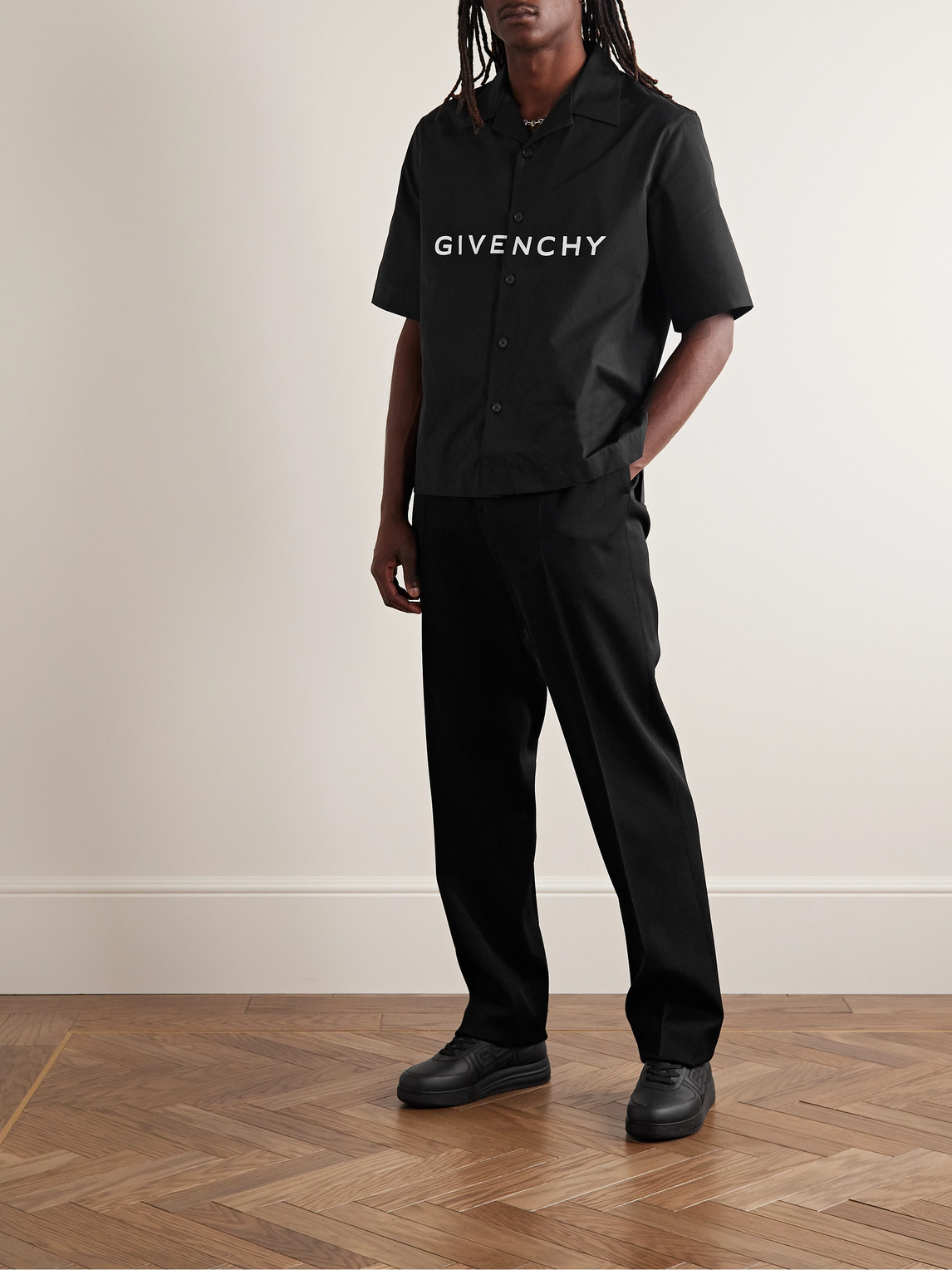 Shop Givenchy Camp-collar Logo-print Cotton-poplin Shirt In Black