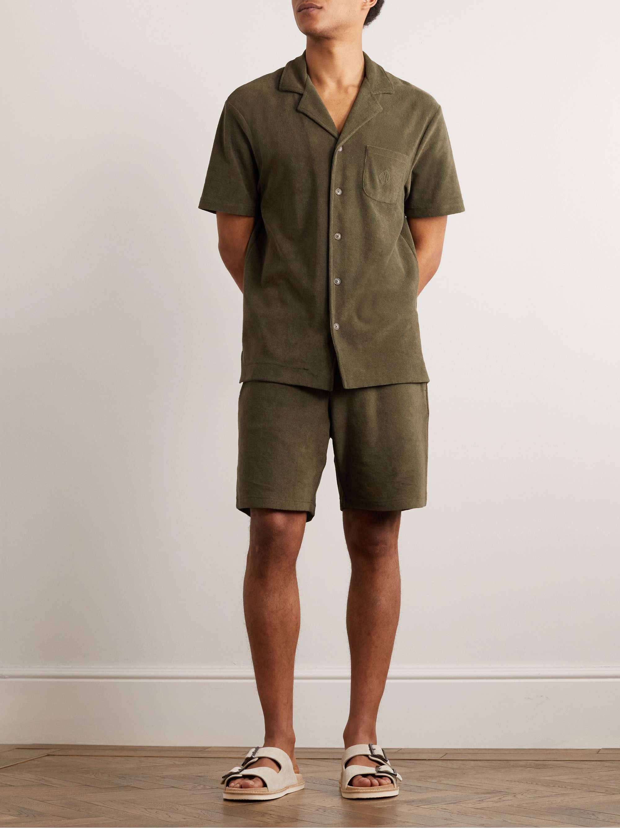 Army green Riviera StraightLeg CottonTerry Drawstring Shorts RALPH LAUREN PURPLE LABEL MR