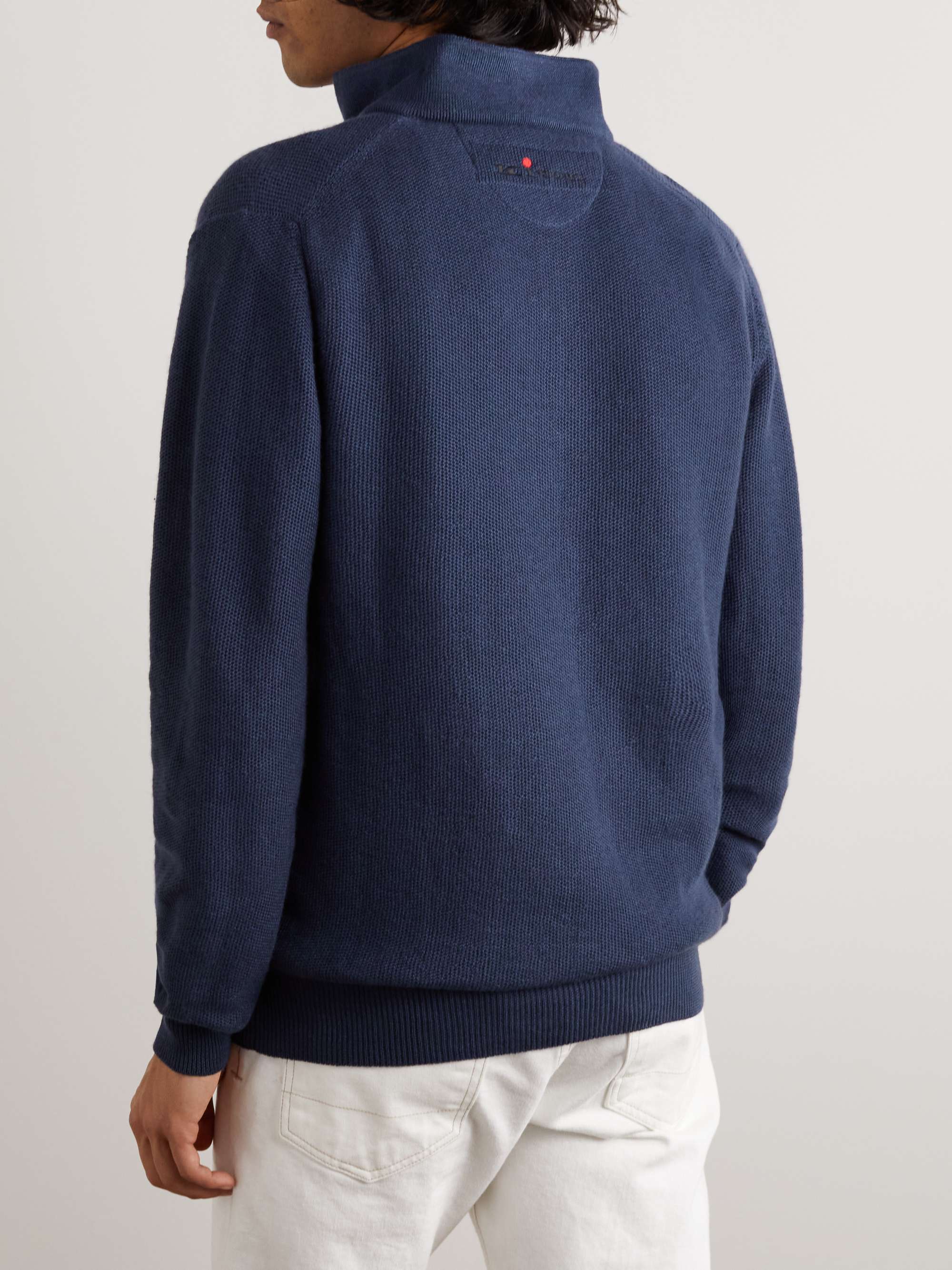 KITON Suede-Trimmed Honeycomb-Knit Linen and Cashmere-Blend Half-Zip Sweater