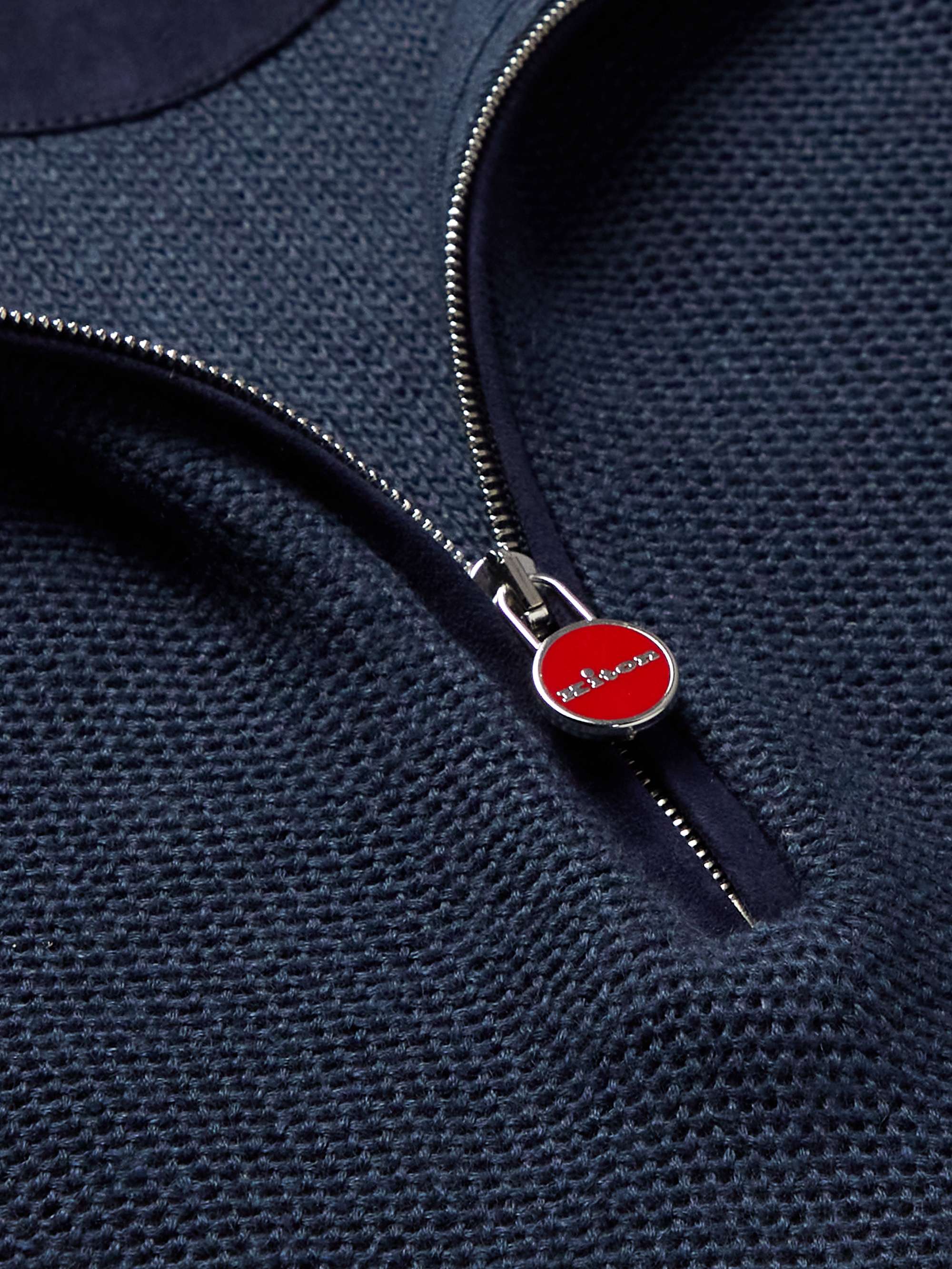 KITON Suede-Trimmed Honeycomb-Knit Linen and Cashmere-Blend Half-Zip Sweater