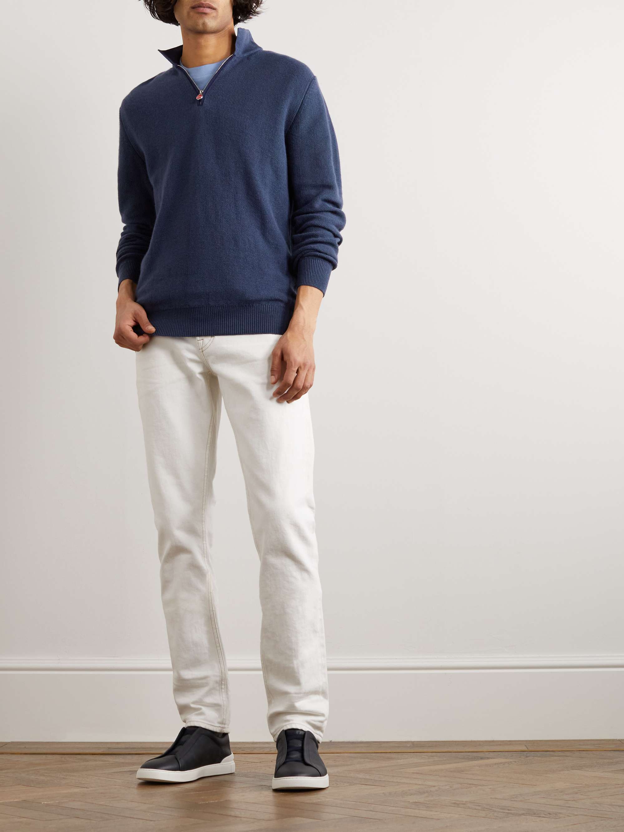 KITON Suede-Trimmed Honeycomb-Knit Linen and Cashmere-Blend Half-Zip Sweater