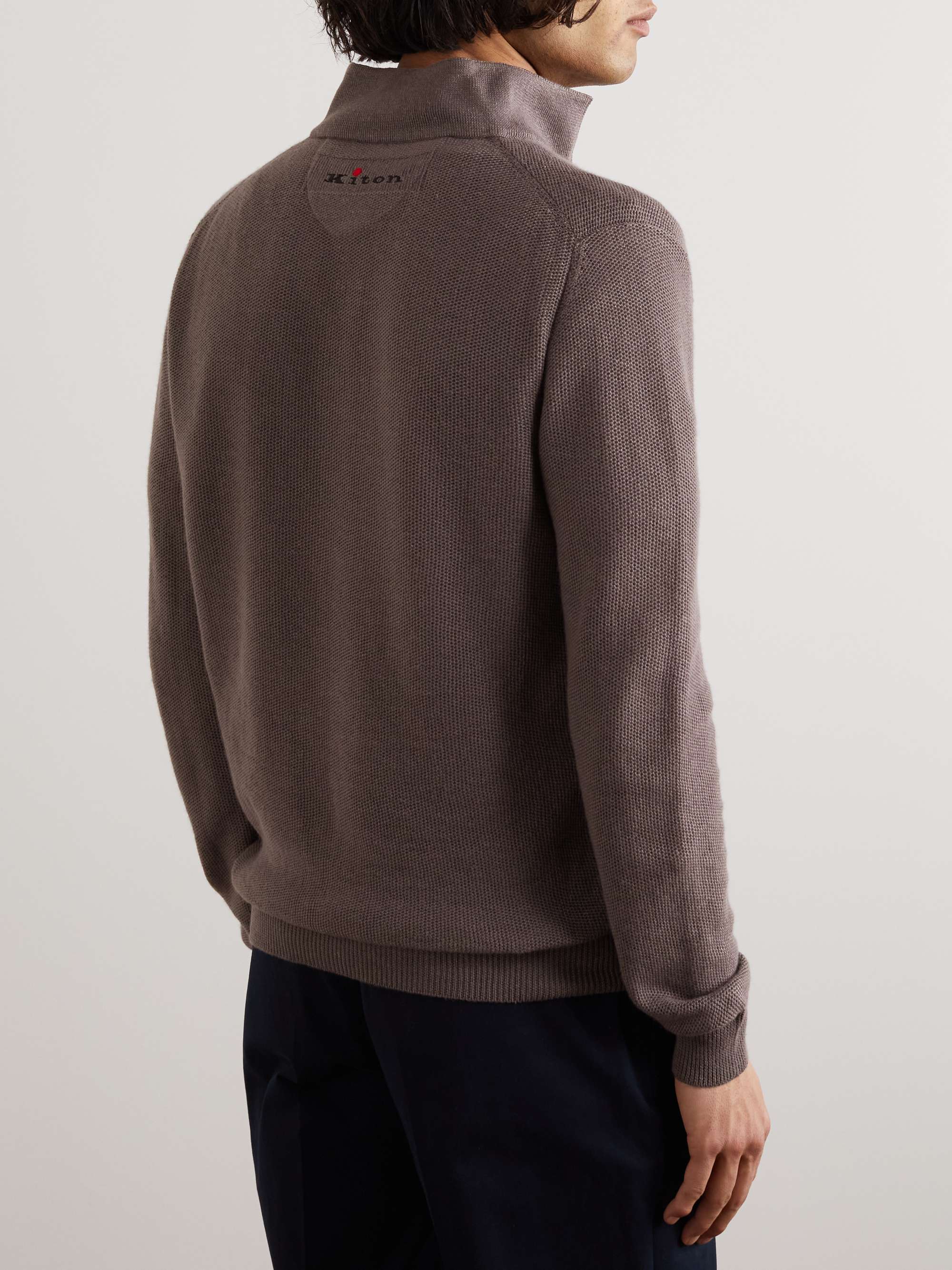 KITON Suede-Trimmed Honeycomb-Knit Linen and Cashmere-Blend Half-Zip Sweater
