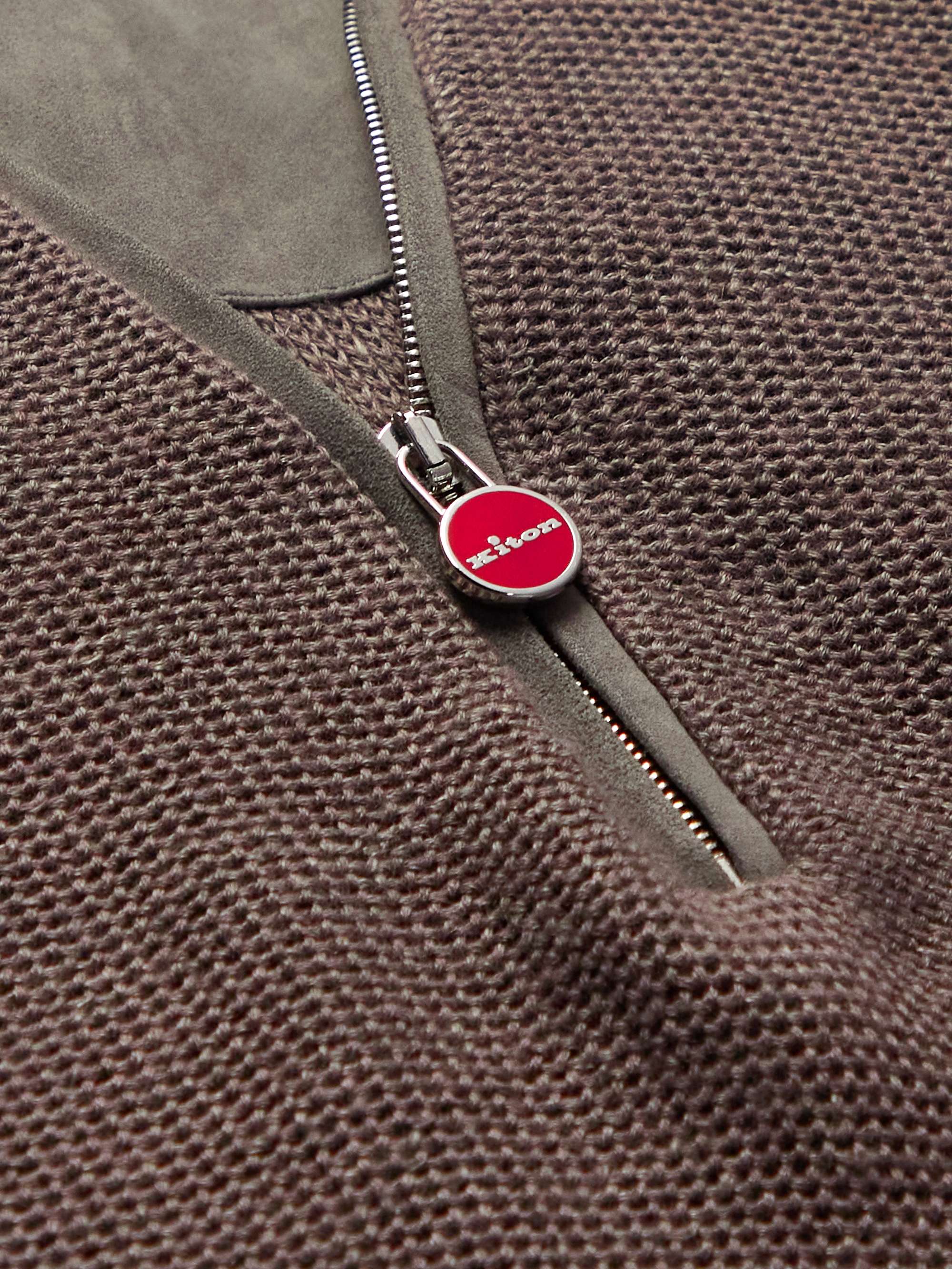 KITON Suede-Trimmed Honeycomb-Knit Linen and Cashmere-Blend Half-Zip Sweater