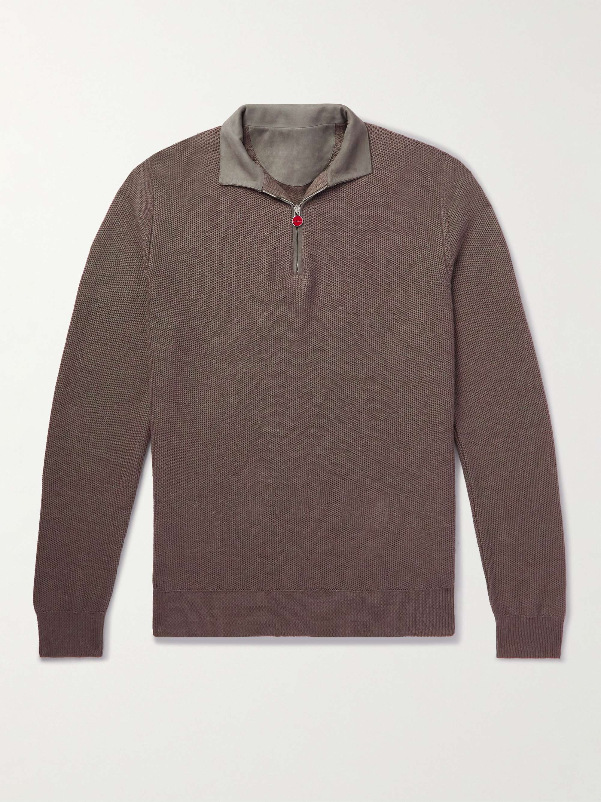 KITON Suede-Trimmed Honeycomb-Knit Linen and Cashmere-Blend Half-Zip Sweater
