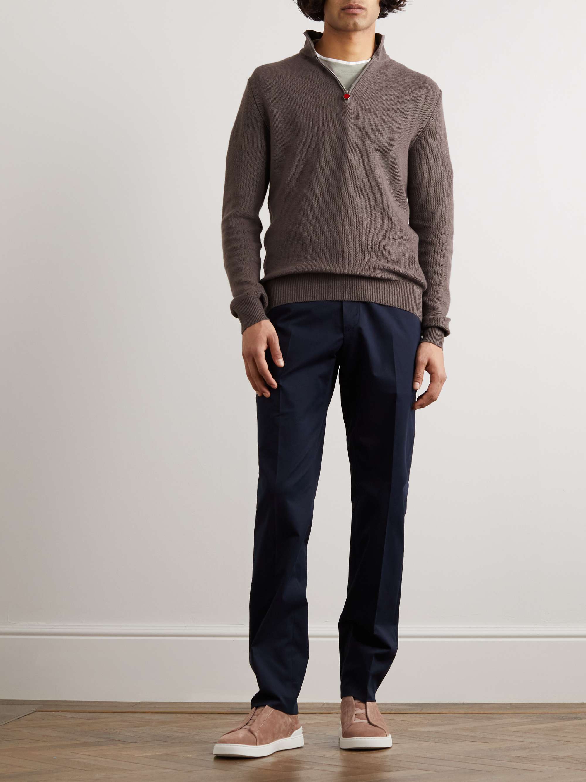 KITON Suede-Trimmed Honeycomb-Knit Linen and Cashmere-Blend Half-Zip Sweater