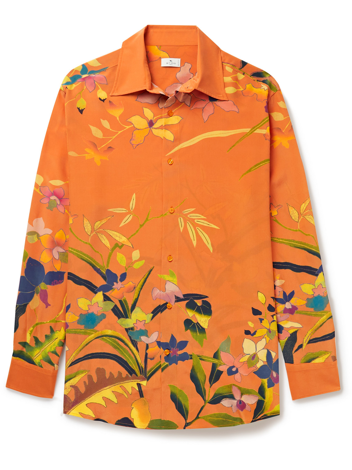 Etro Flower Print Silk Loose Shirt In Orange