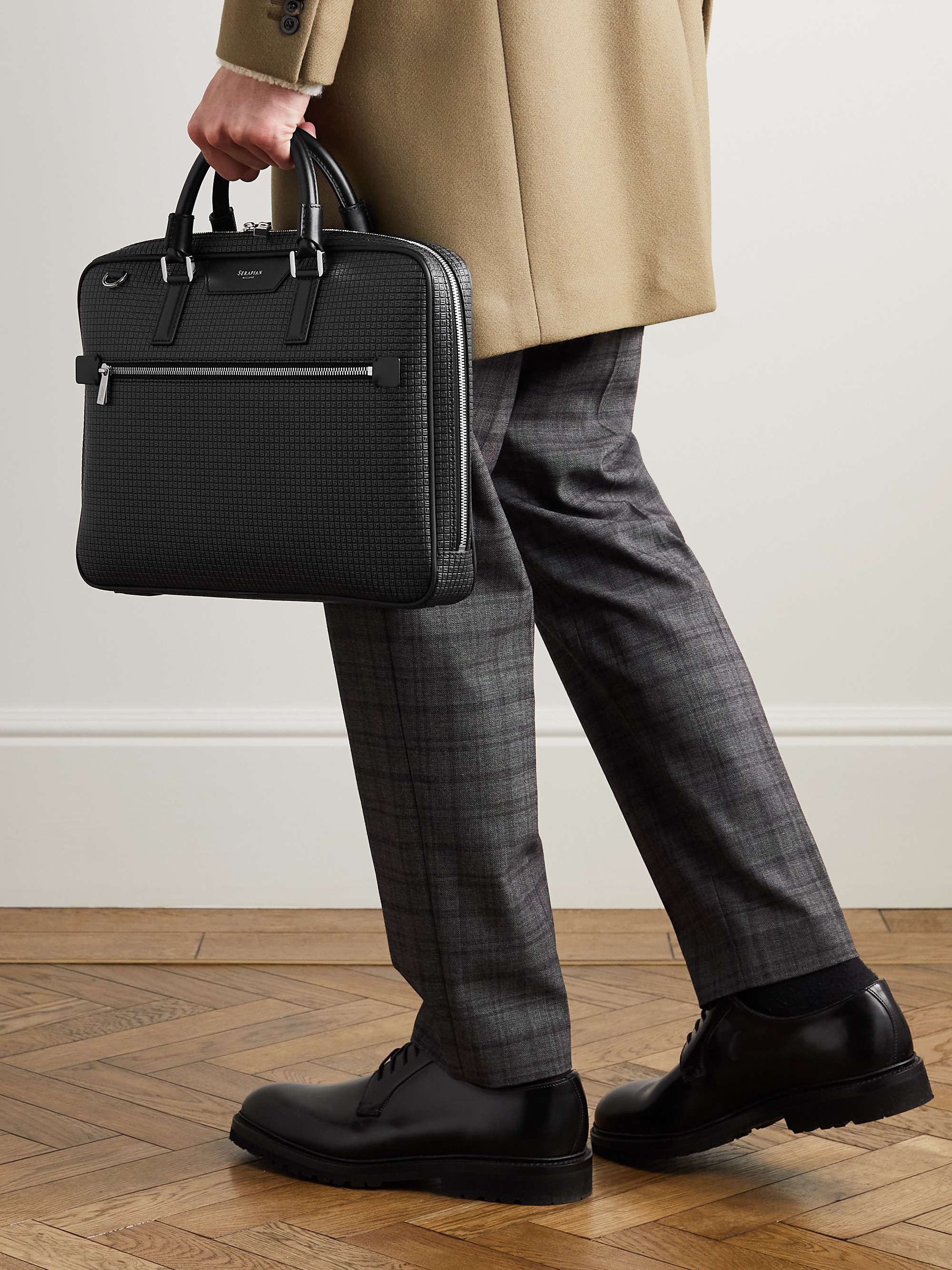 SERAPIAN Stepan Logo-Debossed Leather-Trimmed Coated-Canvas Briefcase