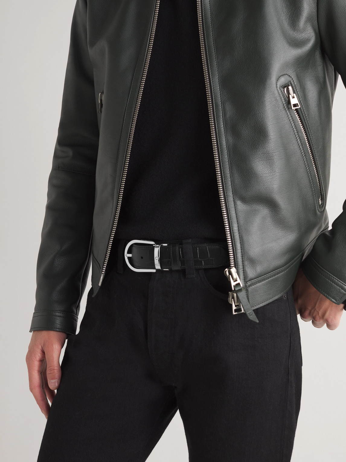 Shop Montblanc 3.5cm Reversible Croc-effect Leather Belt In Black