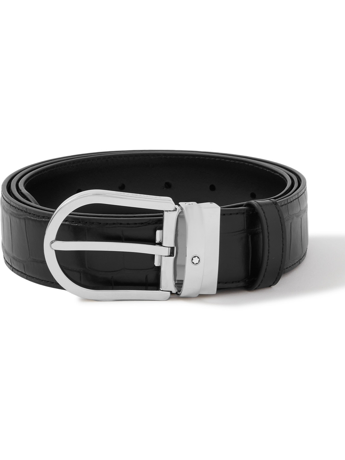 Montblanc Men's Palladium-plated Horseshoe Reversible Leather Belt In Black