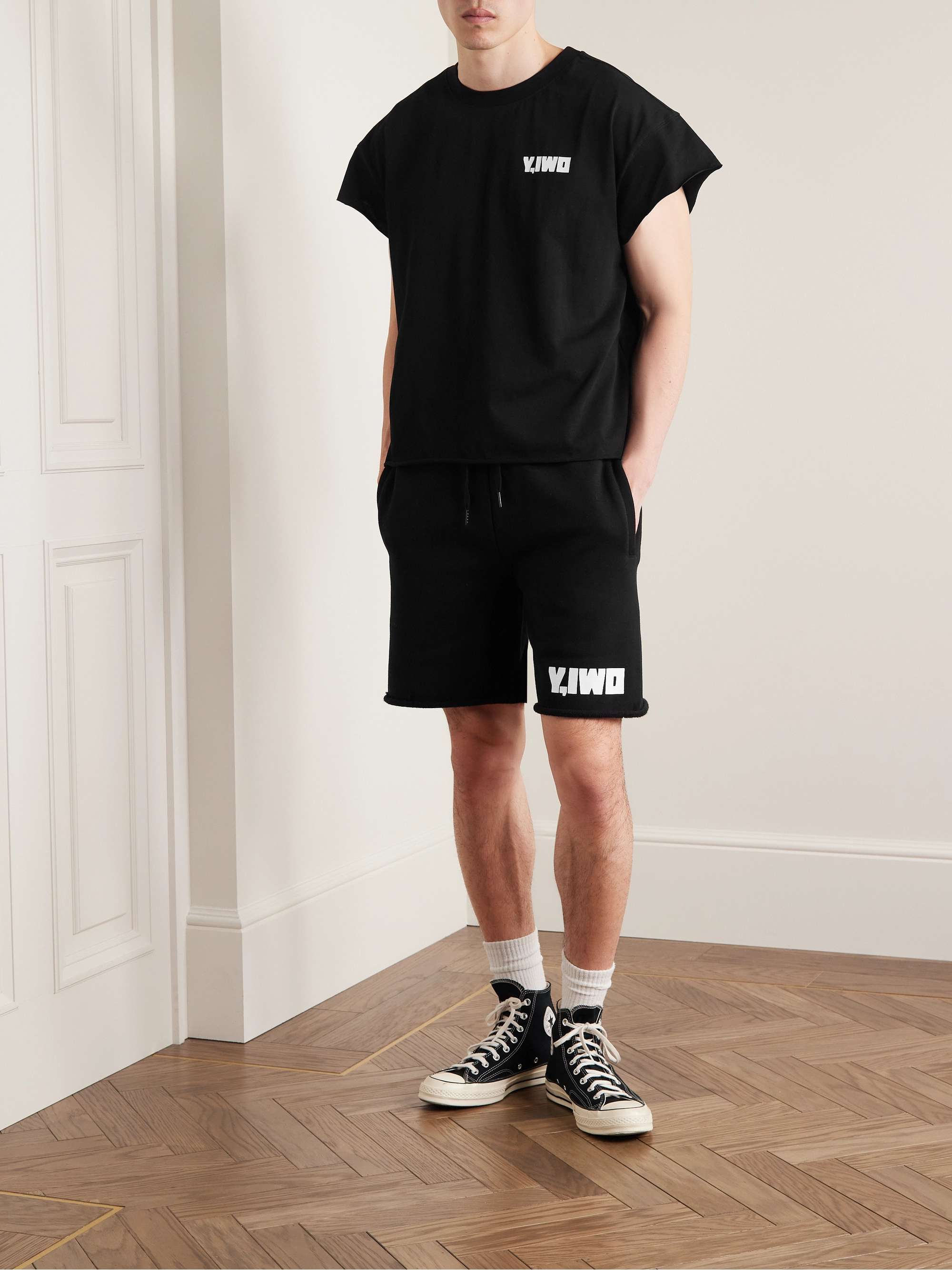 Y,IWO Straight-Leg Logo-Print Cotton-Jersey Drawstring Shorts