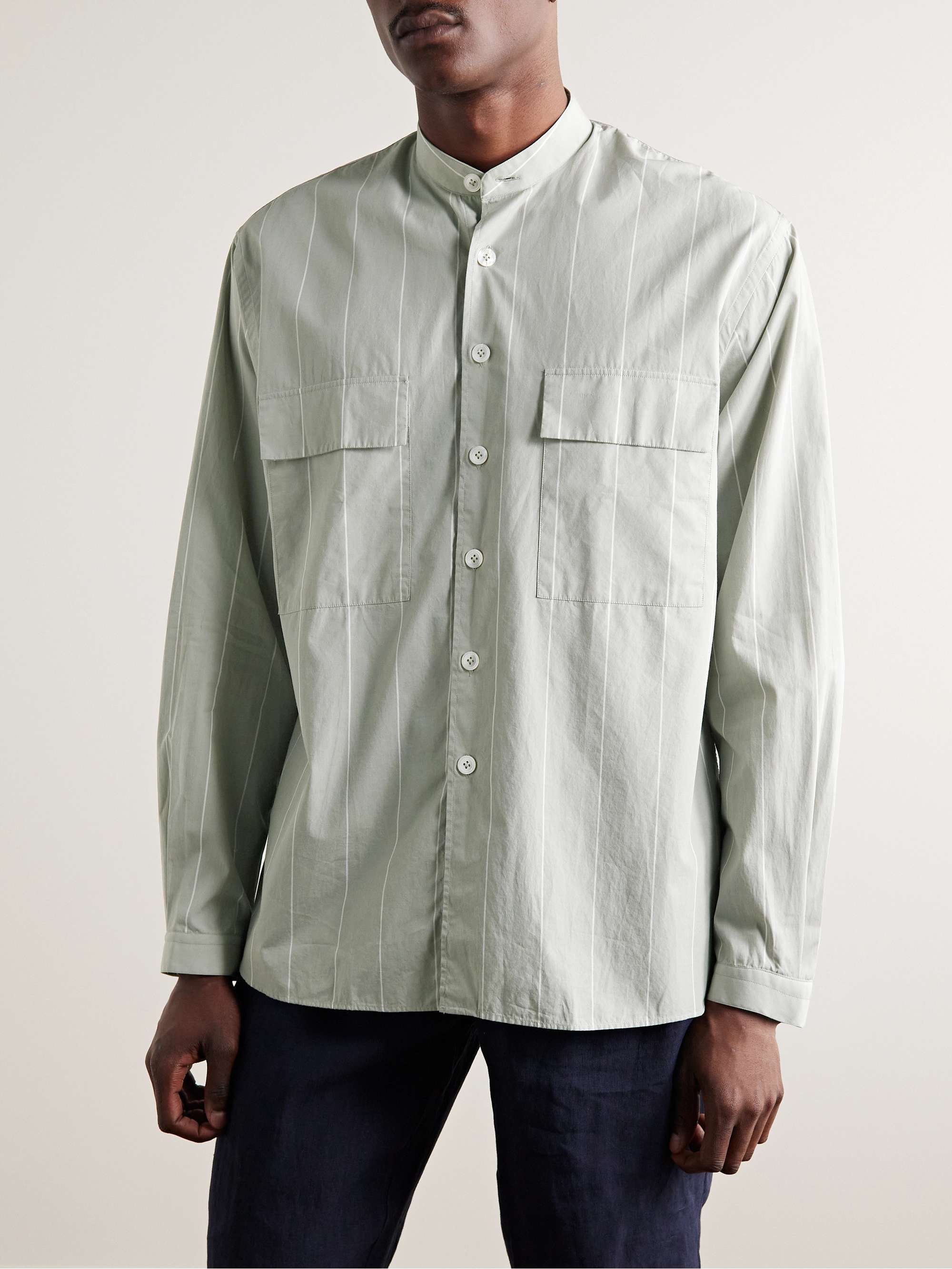 LARDINI Grandad-Collar Striped Cotton-Poplin Shirt