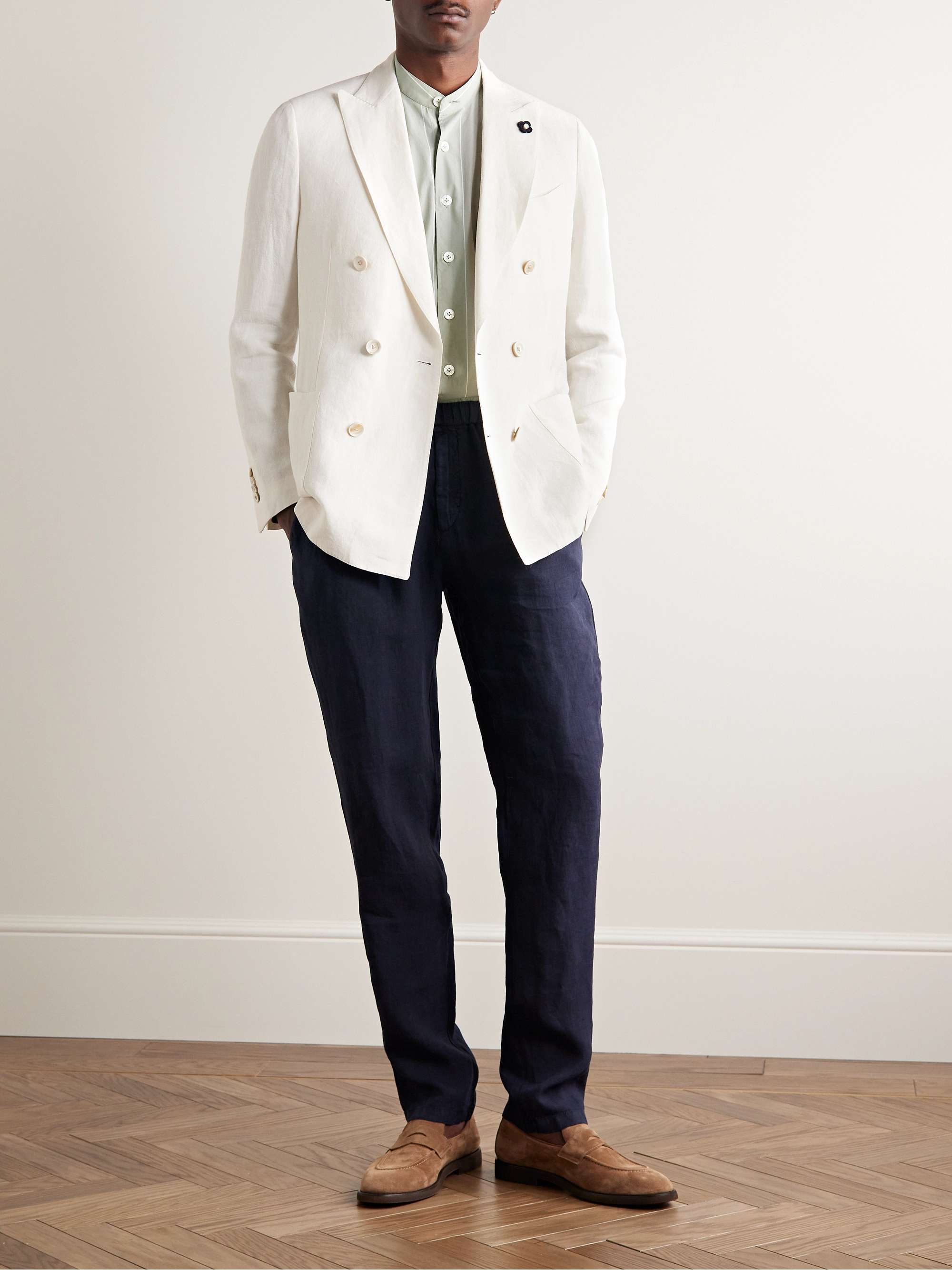 LARDINI Grandad-Collar Striped Cotton-Poplin Shirt