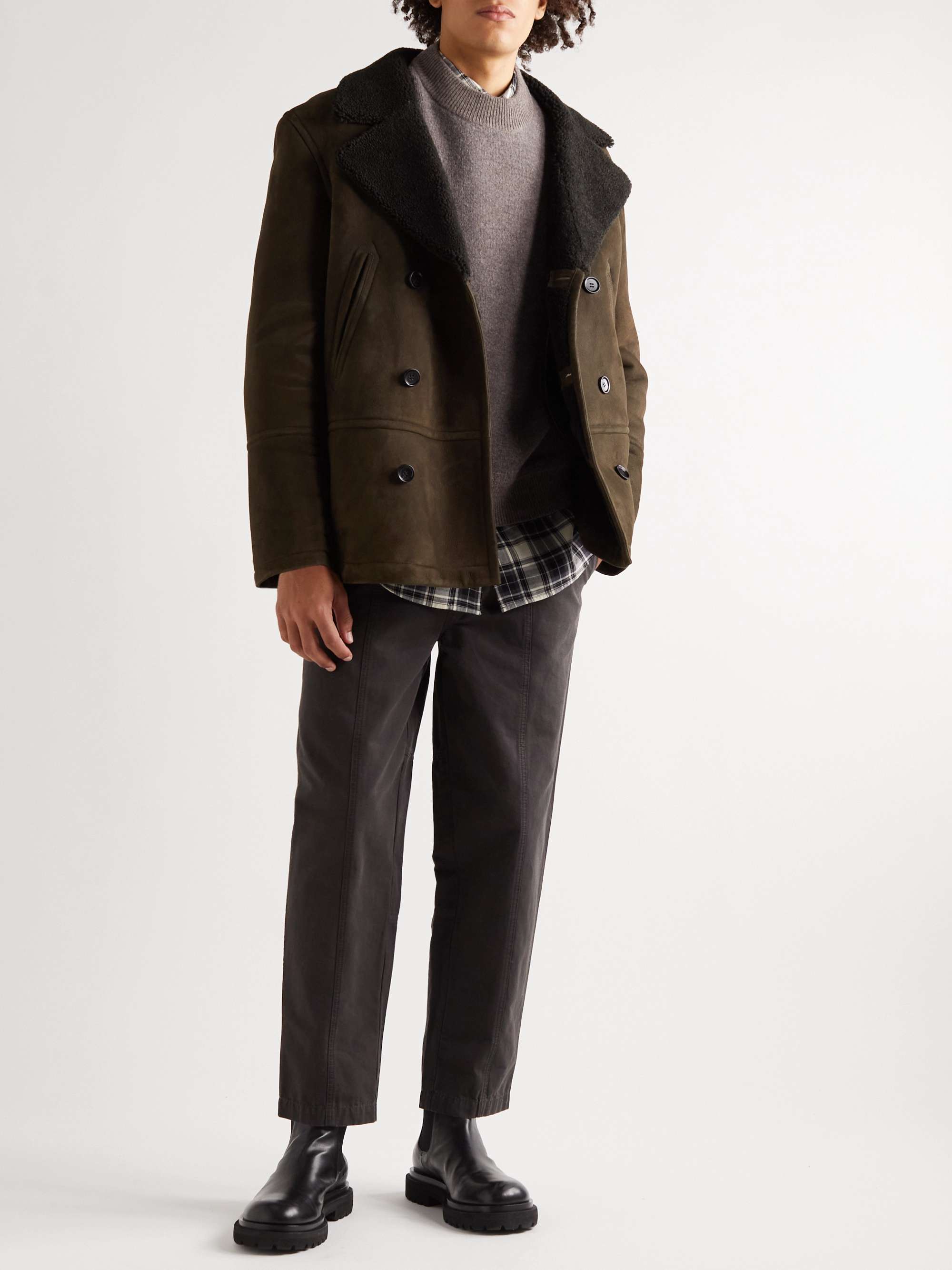 YVES SALOMON Double-Breasted Shearling-Lined Suede Peacoat