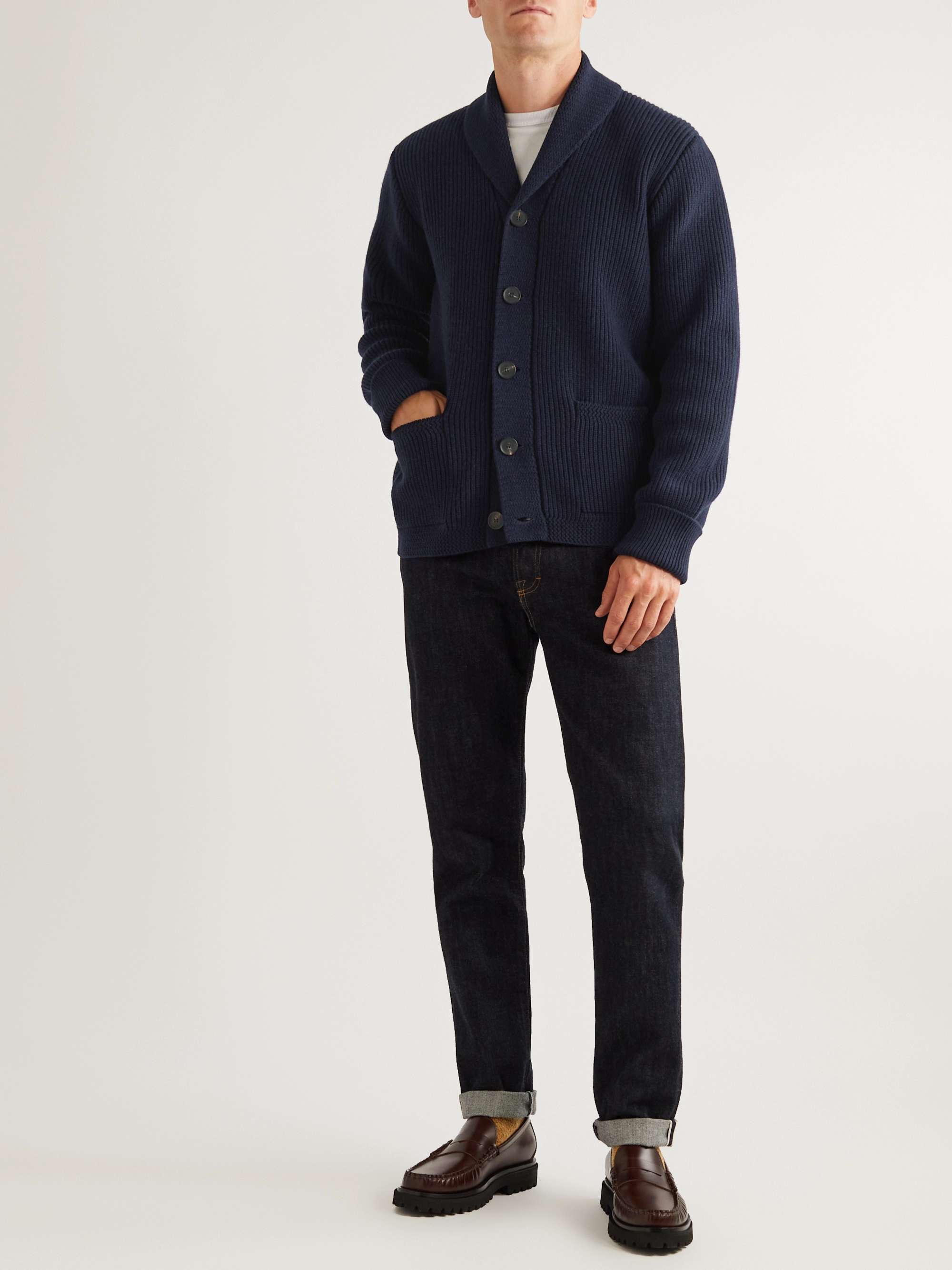 WILLIAM LOCKIE Shawl-Collar Ribbed Merino Wool and Cashmere-Blend Cardigan  | MR PORTER