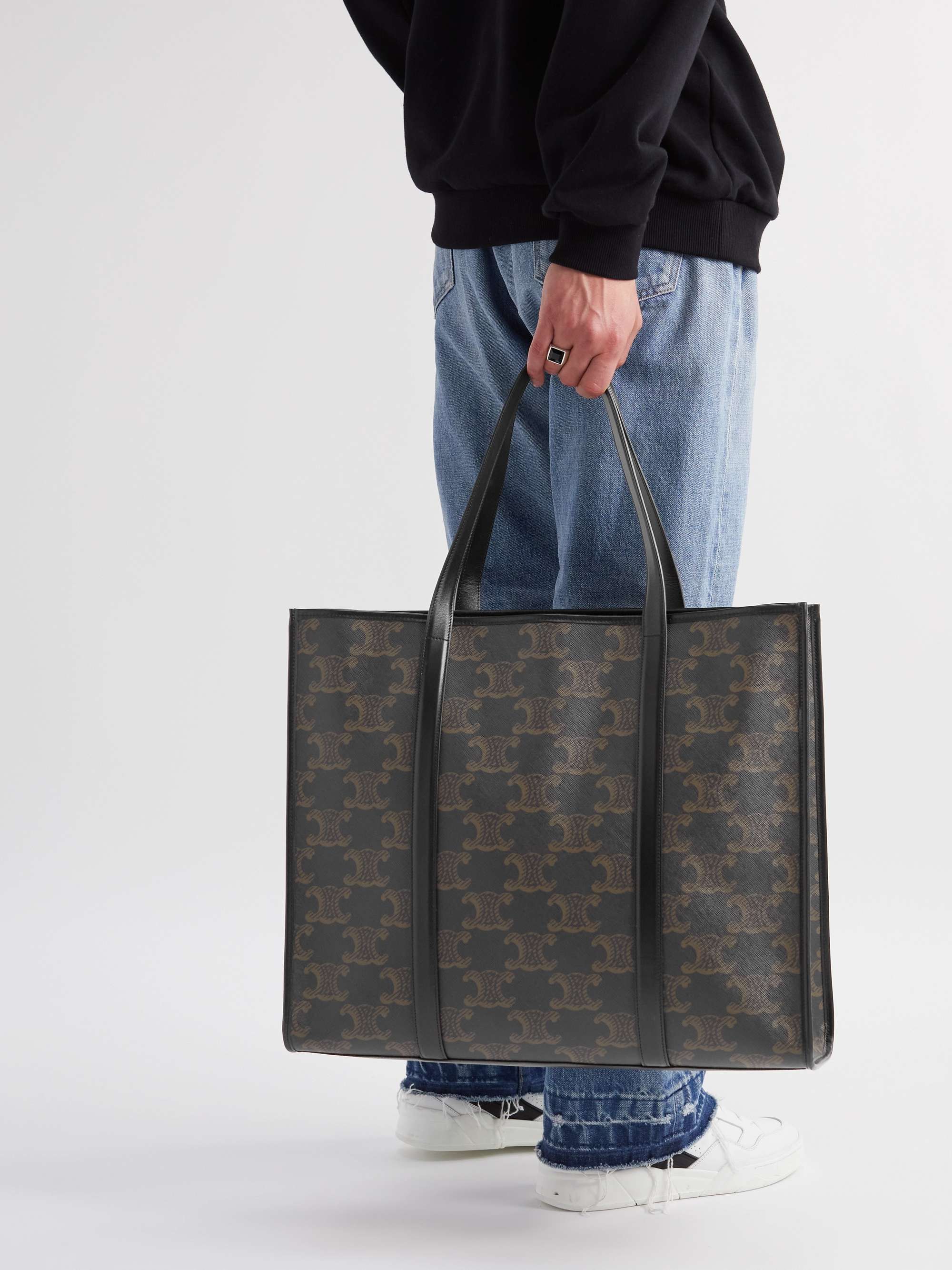 CELINE HOMME Triomphe XL Leather-Trimmed Logo-Print Coated-Canvas Tote Bag