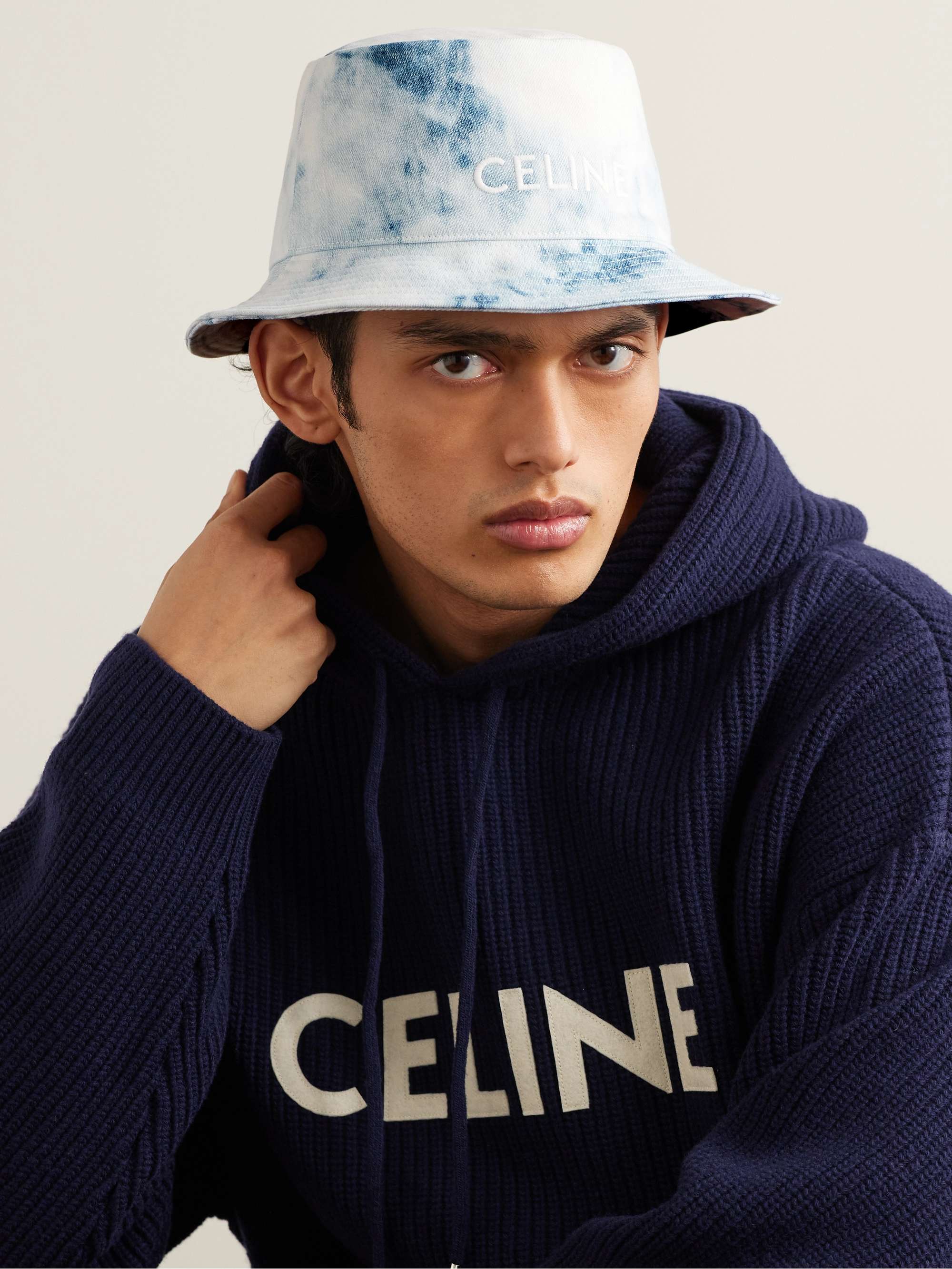 CELINE HOMME Bob Logo-Embroidered Tie-Dyed Denim Bucket Hat for