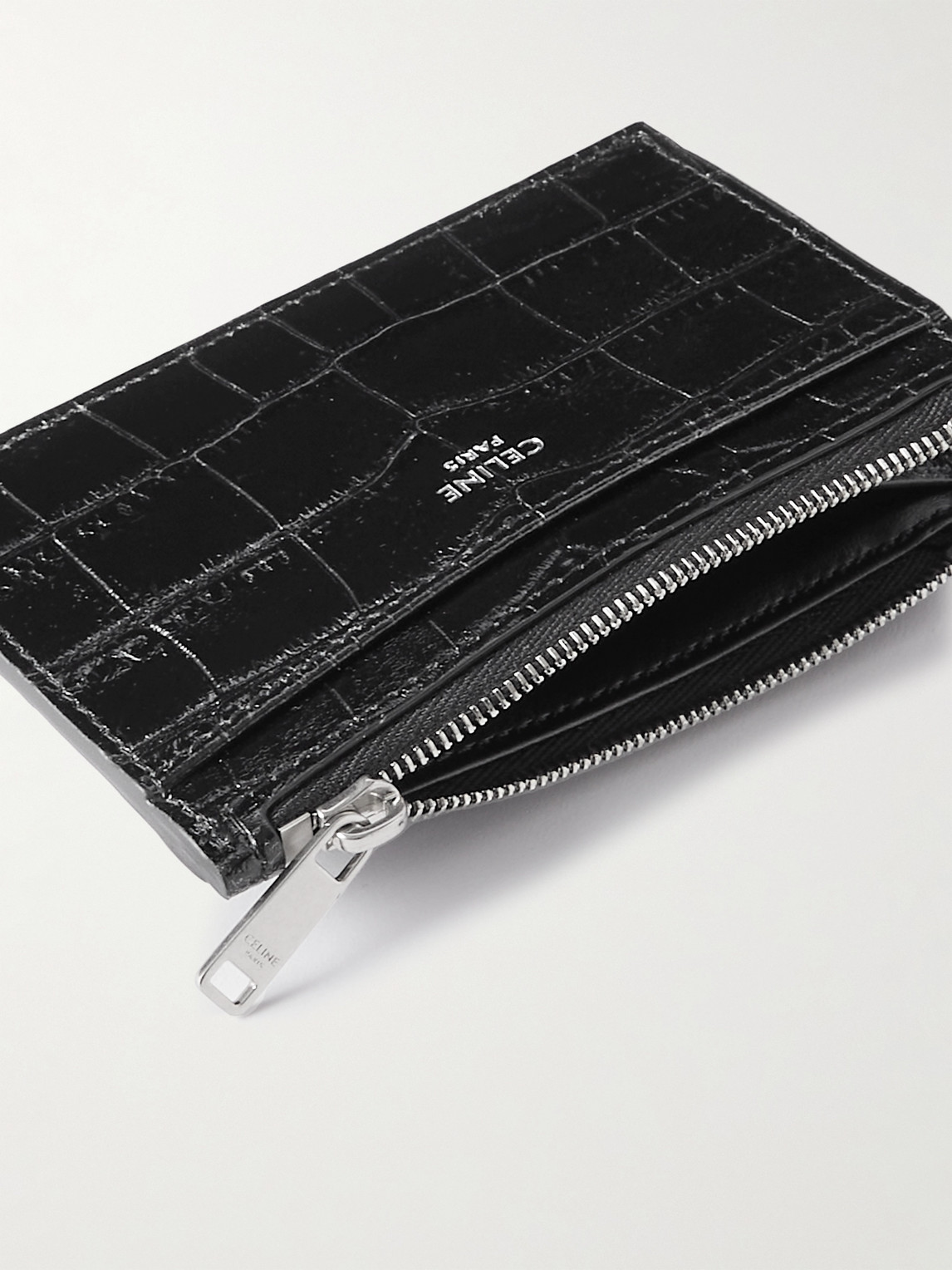 Celine Croc-effect Leather Zipped Cardholder In Black