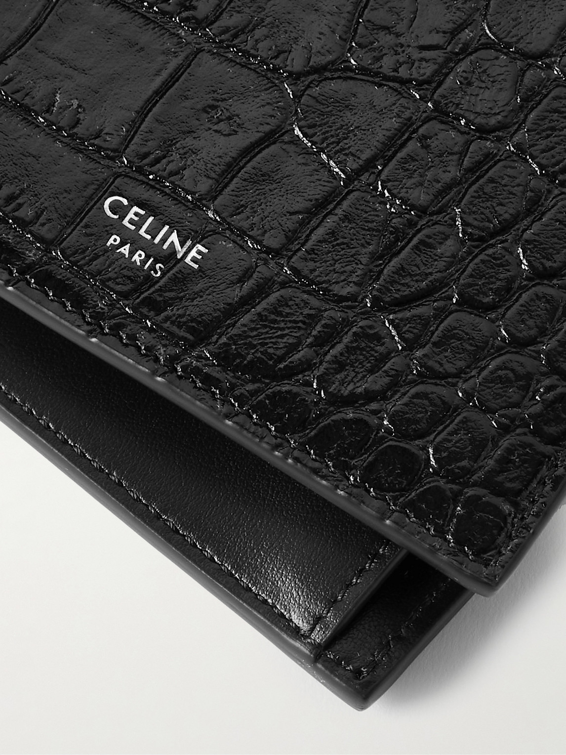 Celine Logo-print Croc-effect Leather Billfold Wallet In Black