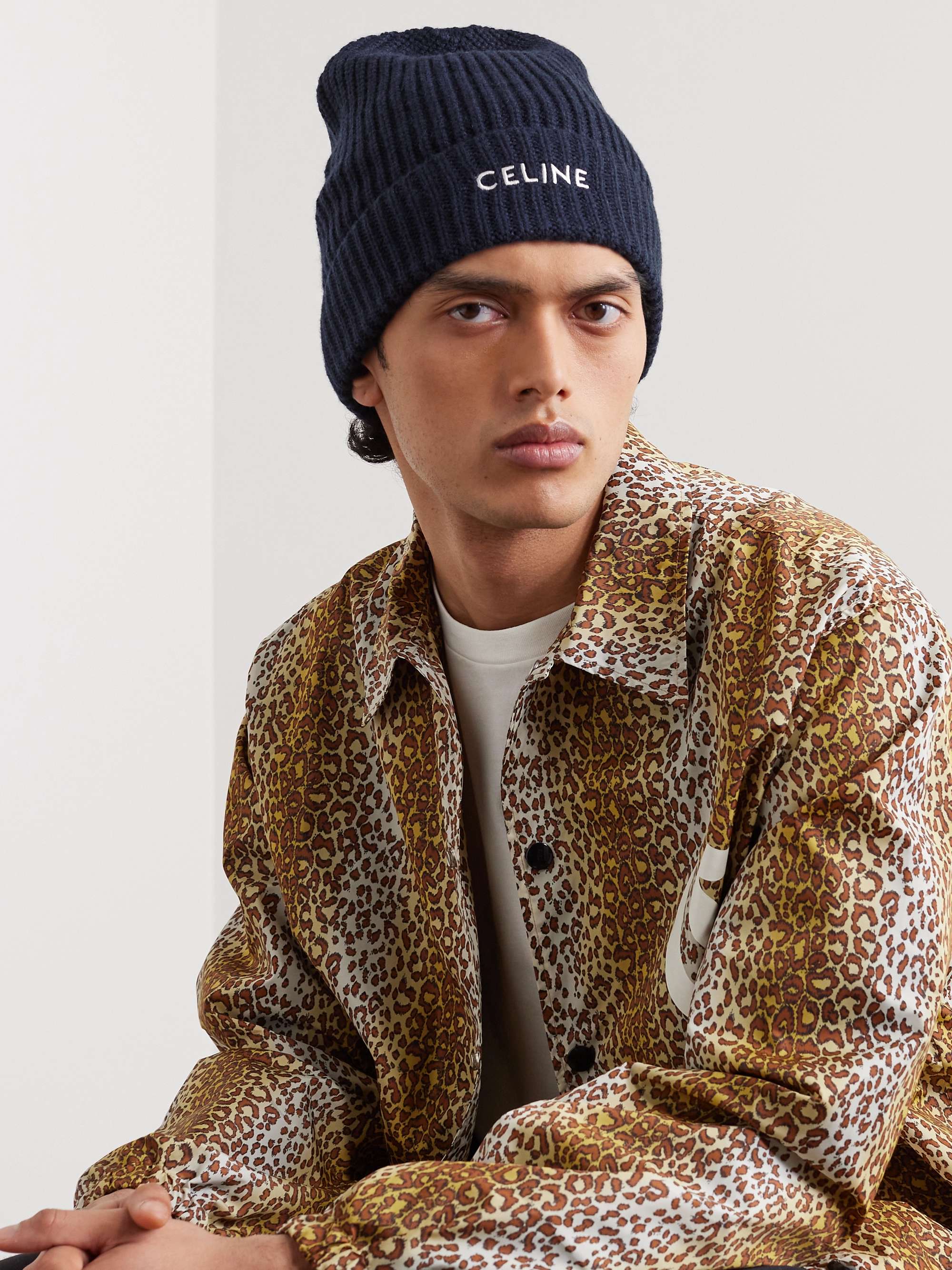 CELINE HOMME Logo-Embroidered Ribbed Cashmere Beanie