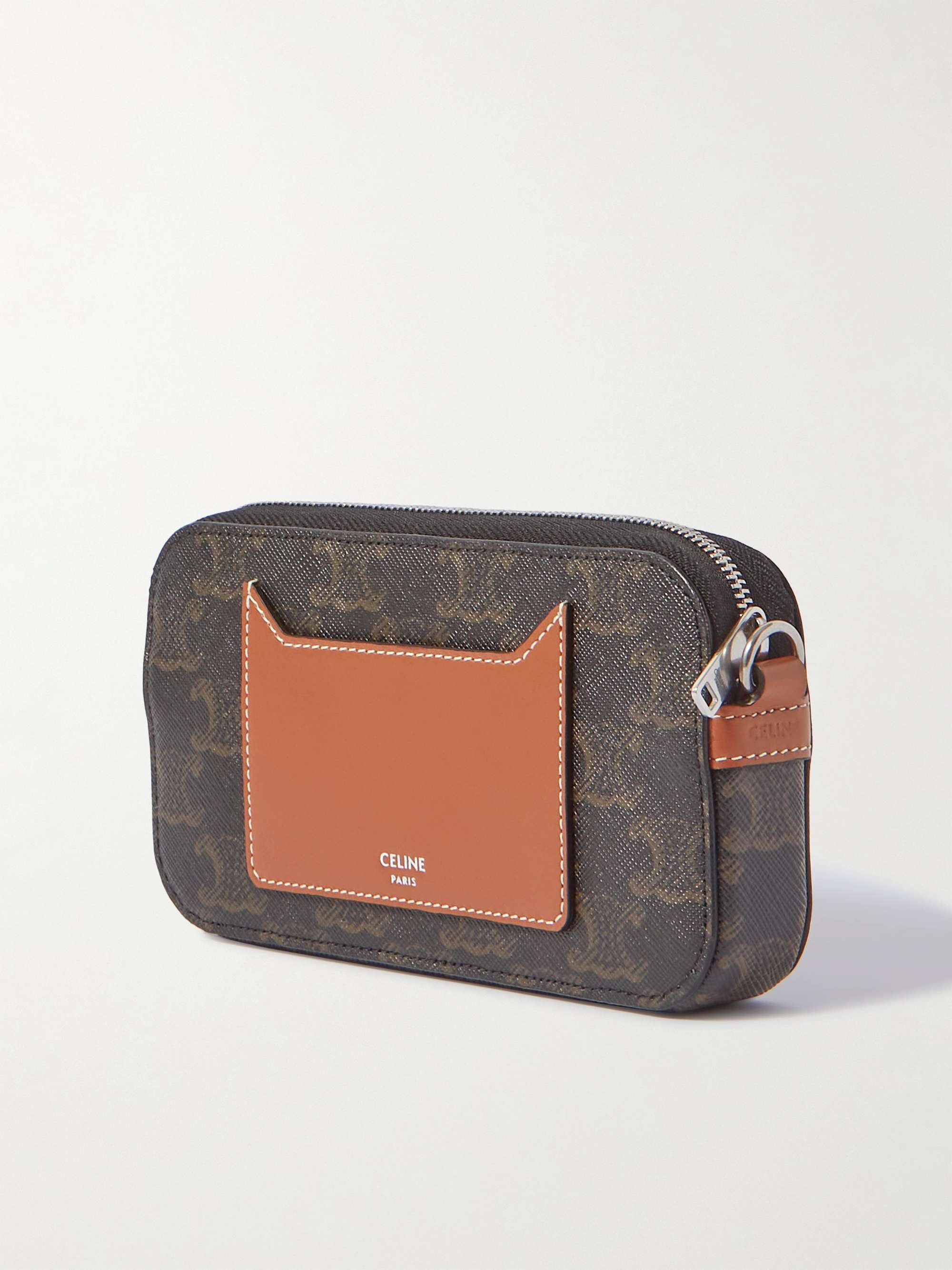 CELINE HOMME Horizontal Triomphe Logo Print Coated Canvas and Leather Pouch Men Brown Bags
