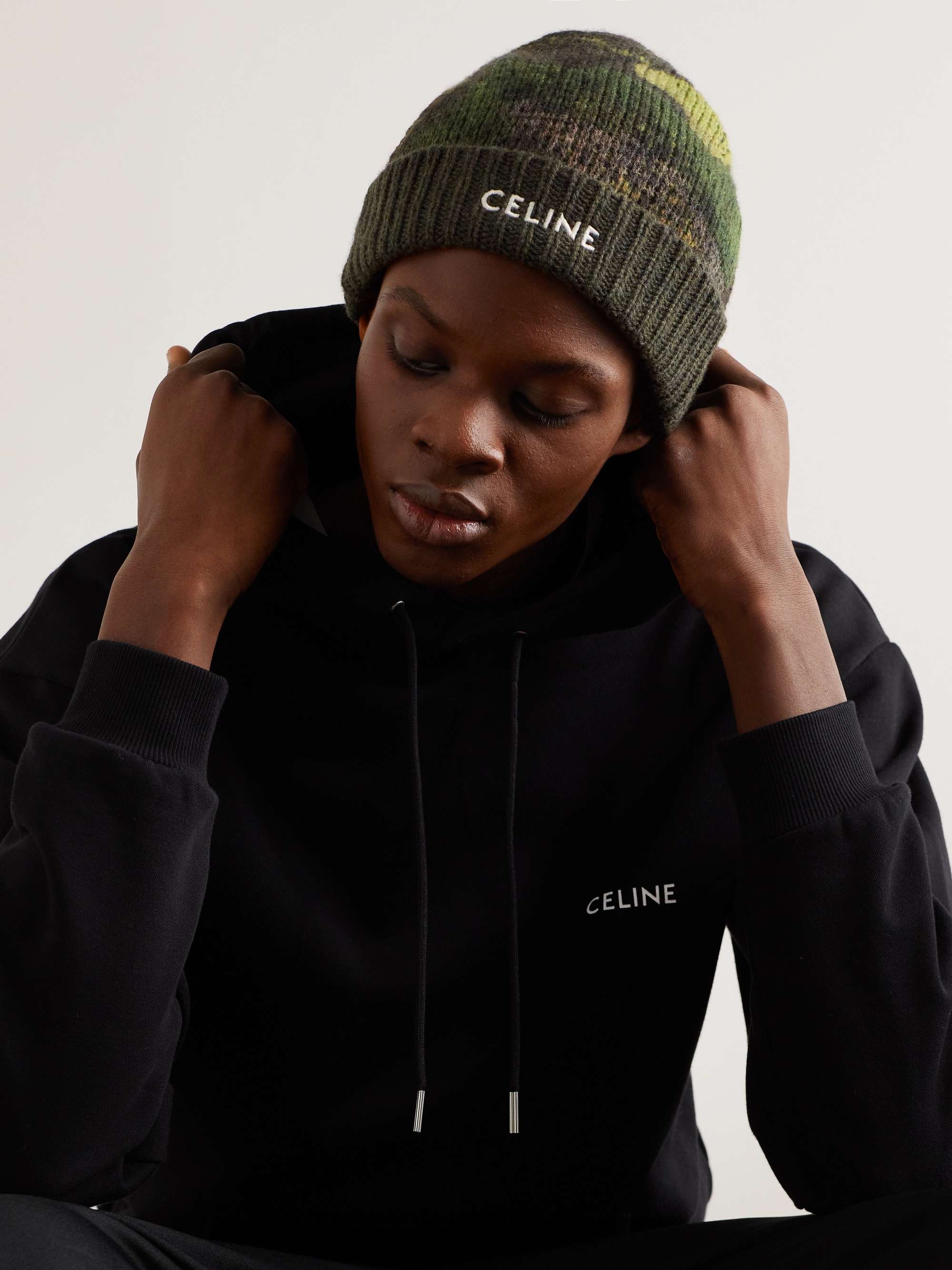 CELINE HOMME Logo-Appliquéd Ribbed Wool Beanie for Men