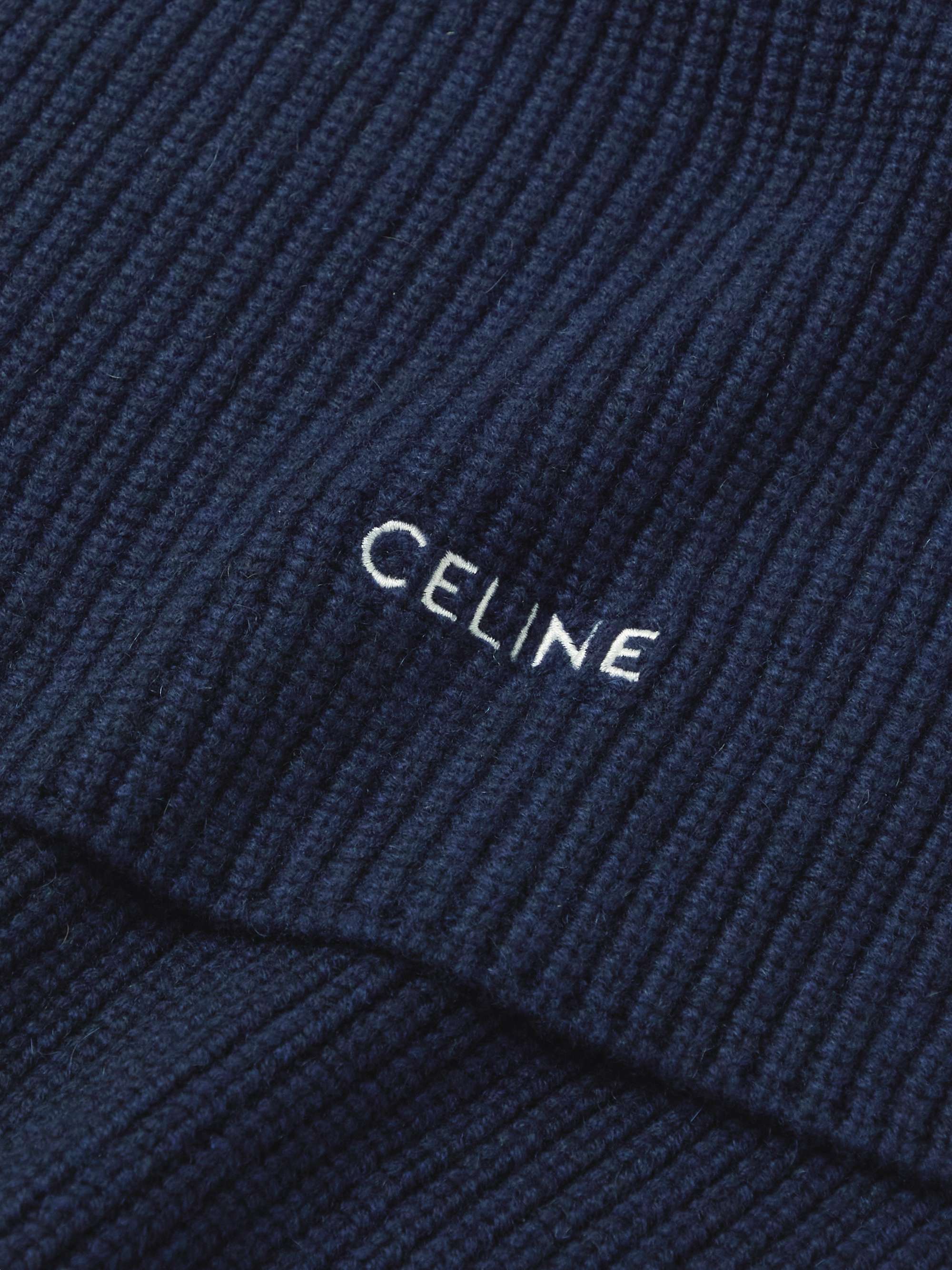 CELINE HOMME Logo-Embroidered Ribbed Cashmere Scarf