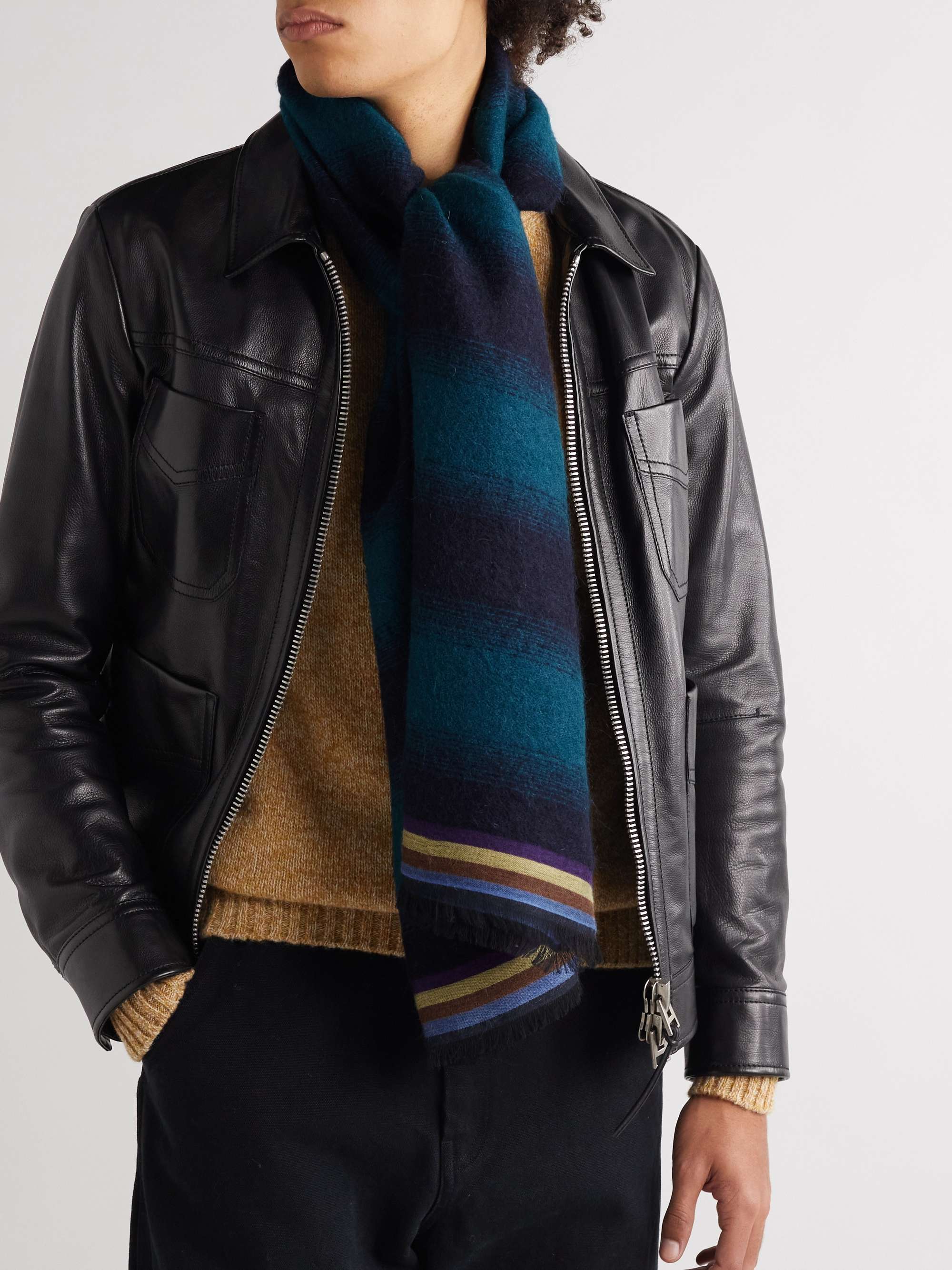 PAUL SMITH Frayed Striped Knitted Scarf