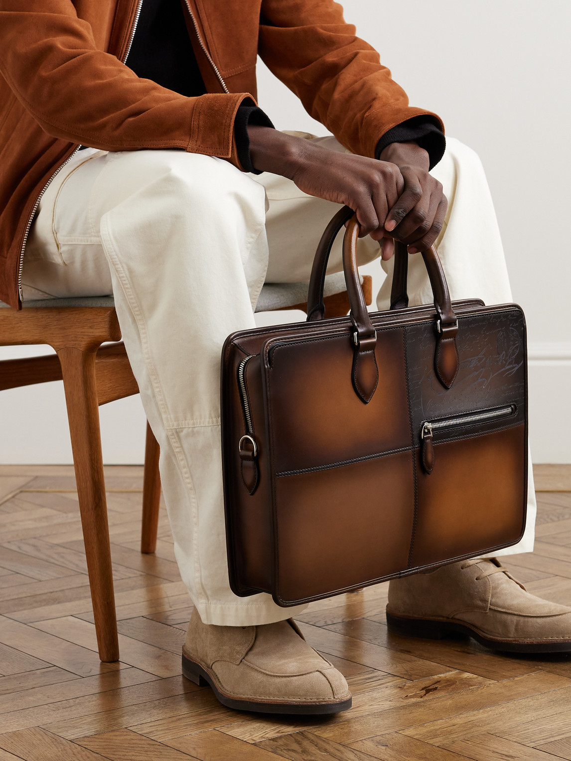 Shop Berluti Jour Scritto Panelled Venezia Leather Briefcase In Brown