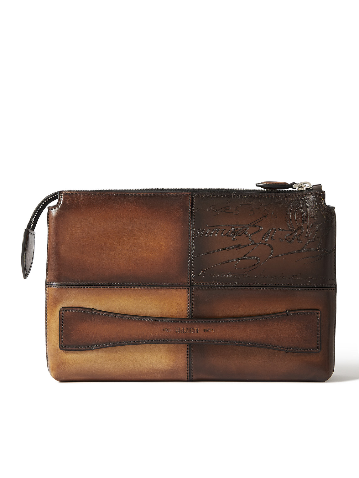 Berluti Tersio Scritto Panelled Venezia Leather Pouch In Brown