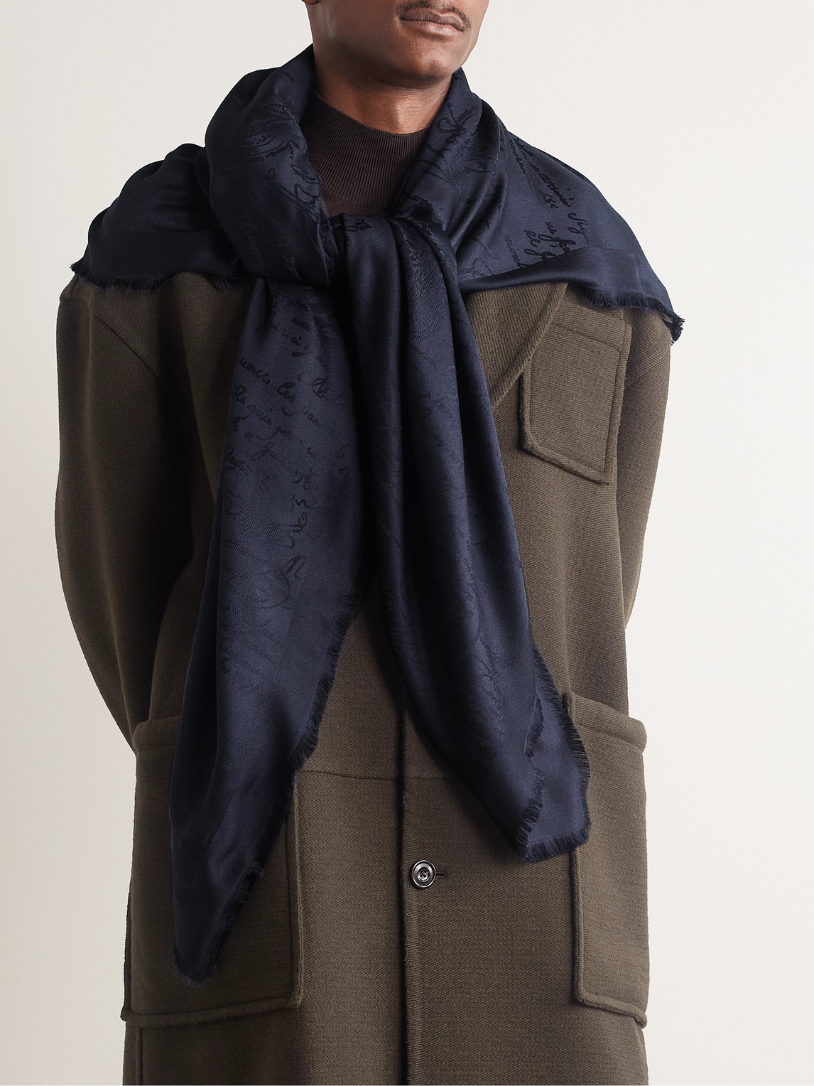 Berluti - Men - Scritto Arabesque Frayed Mulberry Silk and Cashmere-Blend Jacquard Scarf Blue