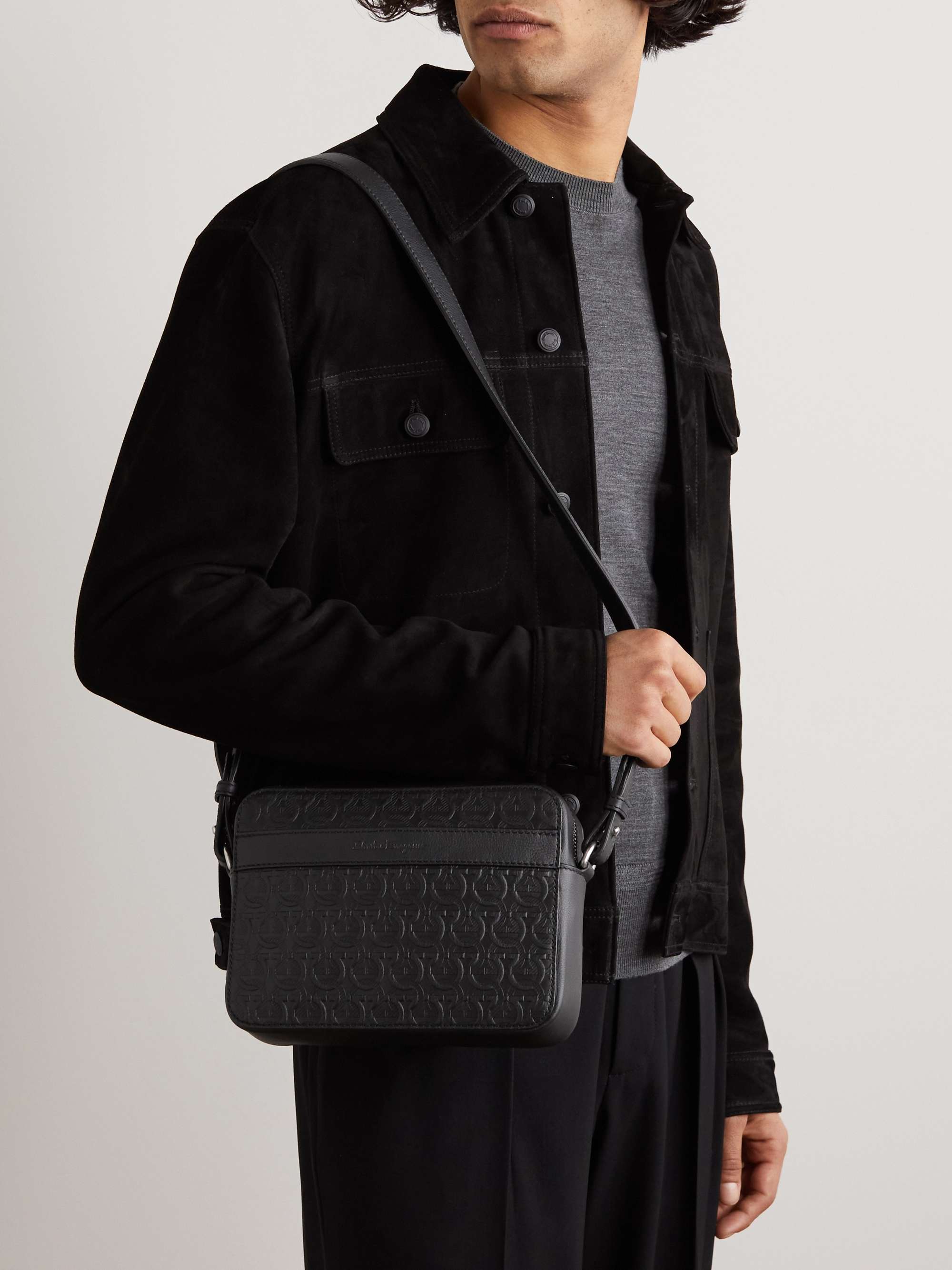 FERRAGAMO Logo-Embossed Leather Messenger Bag