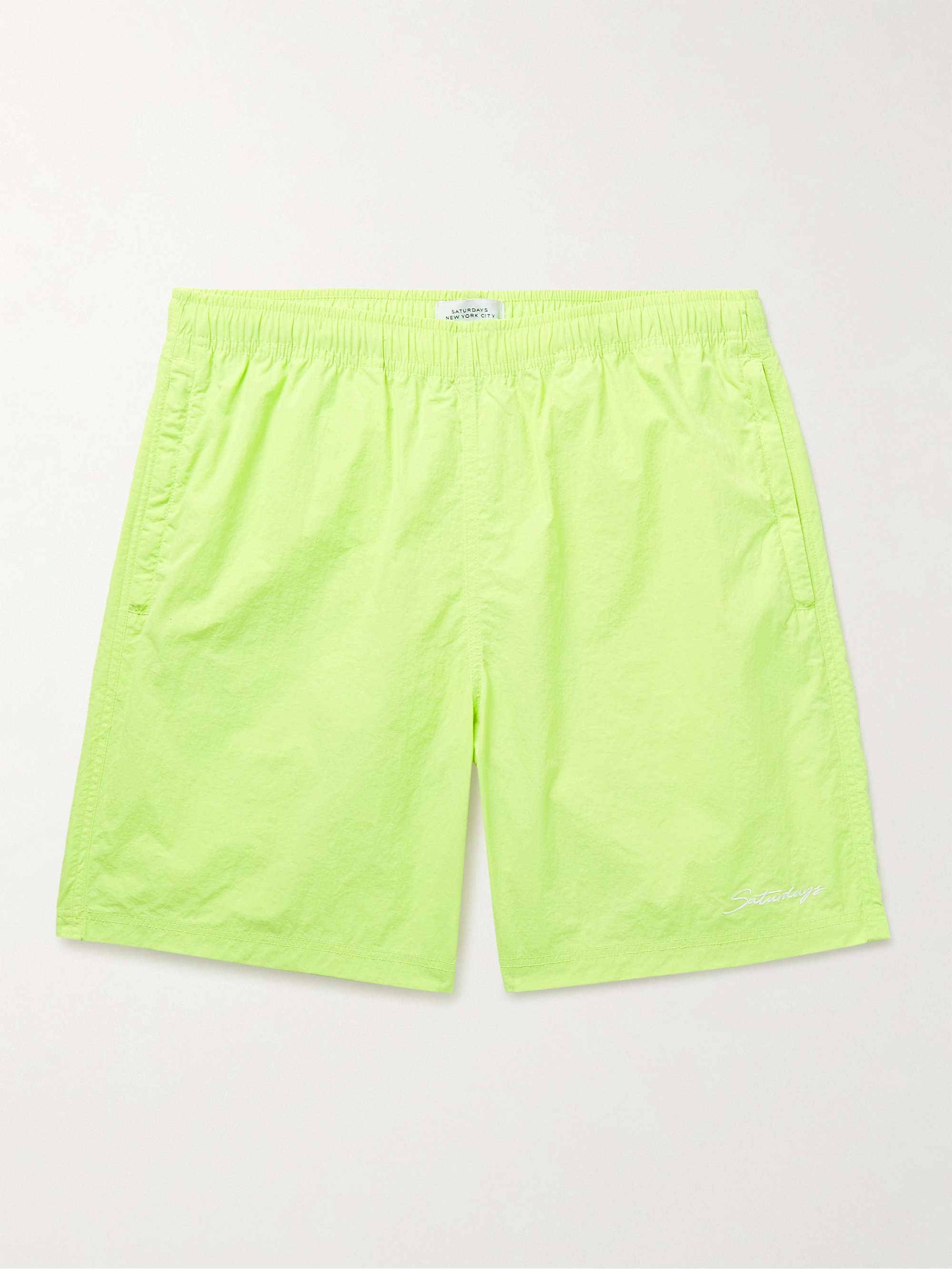 SATURDAYS NYC Tyler Straight-Leg Logo-Embroidered Crinkled-Shell Shorts ...
