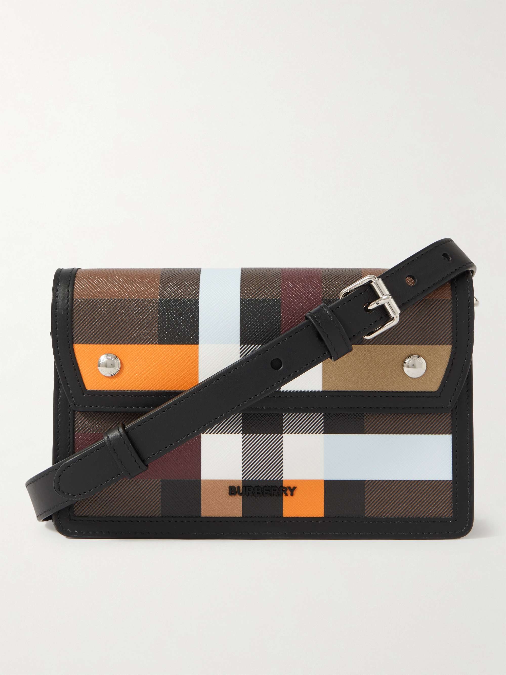 Leather-trimmed checked canvas shoulder bag