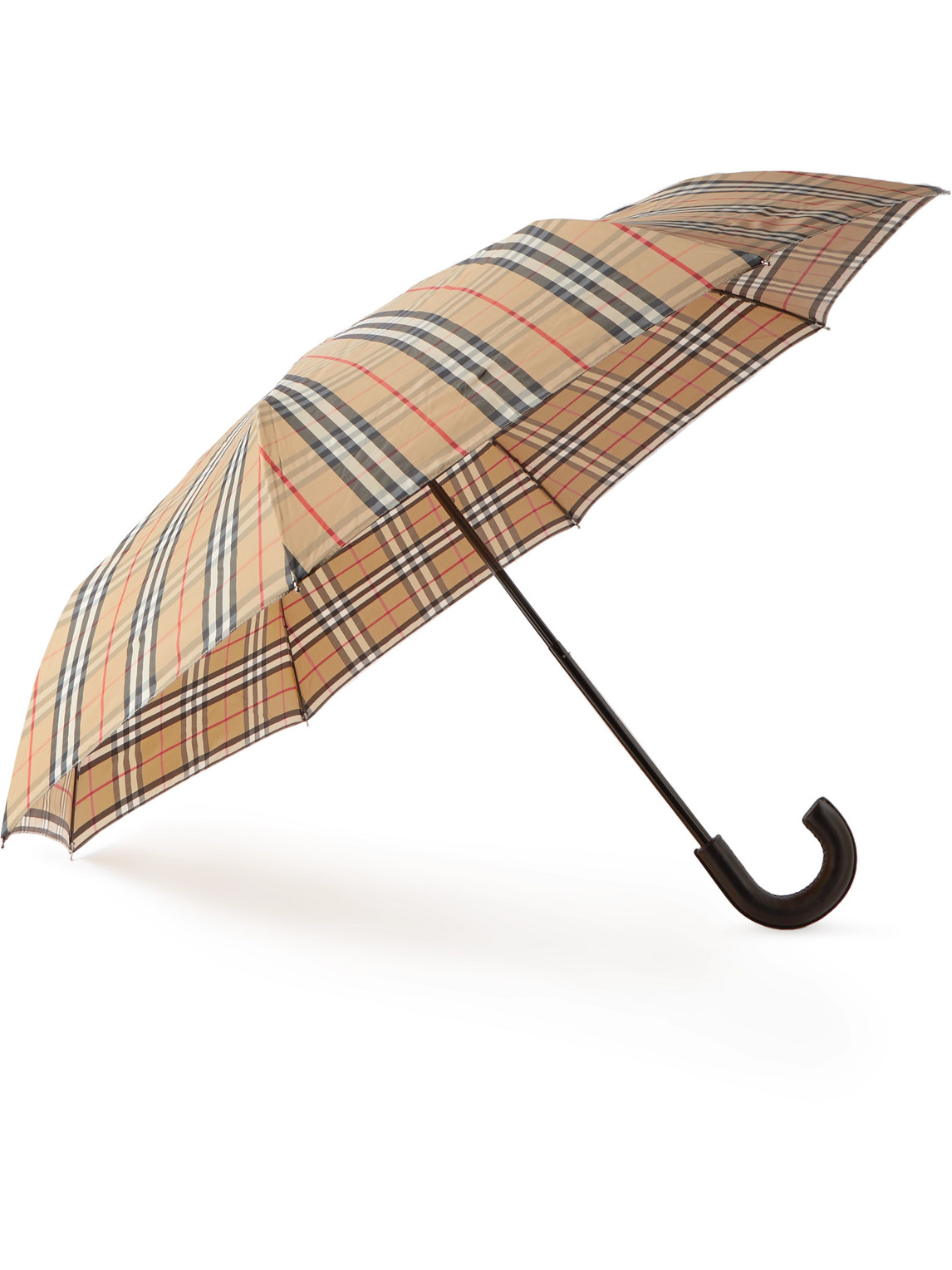 Burberry Checked Leather-handle Umbrella In Neutrals