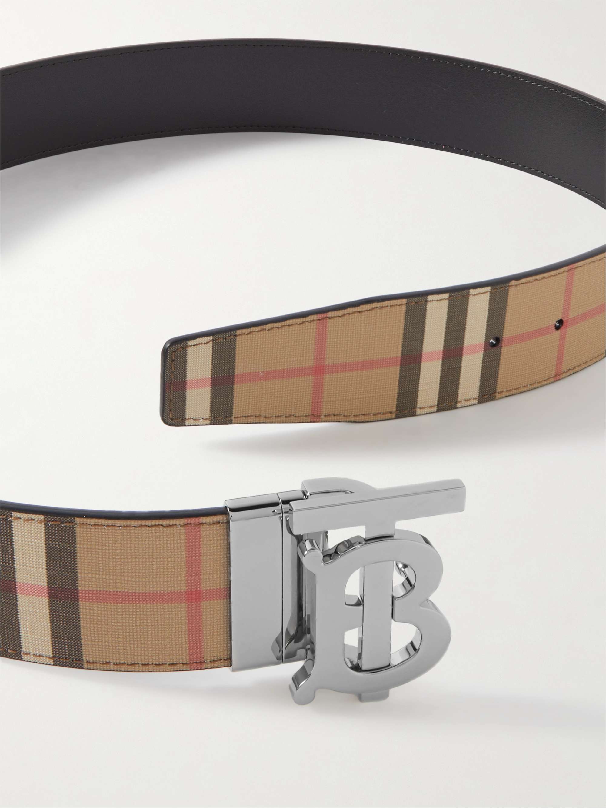 BURBERRY 4cm Reversible Checked E-Canvas and Leather Belt