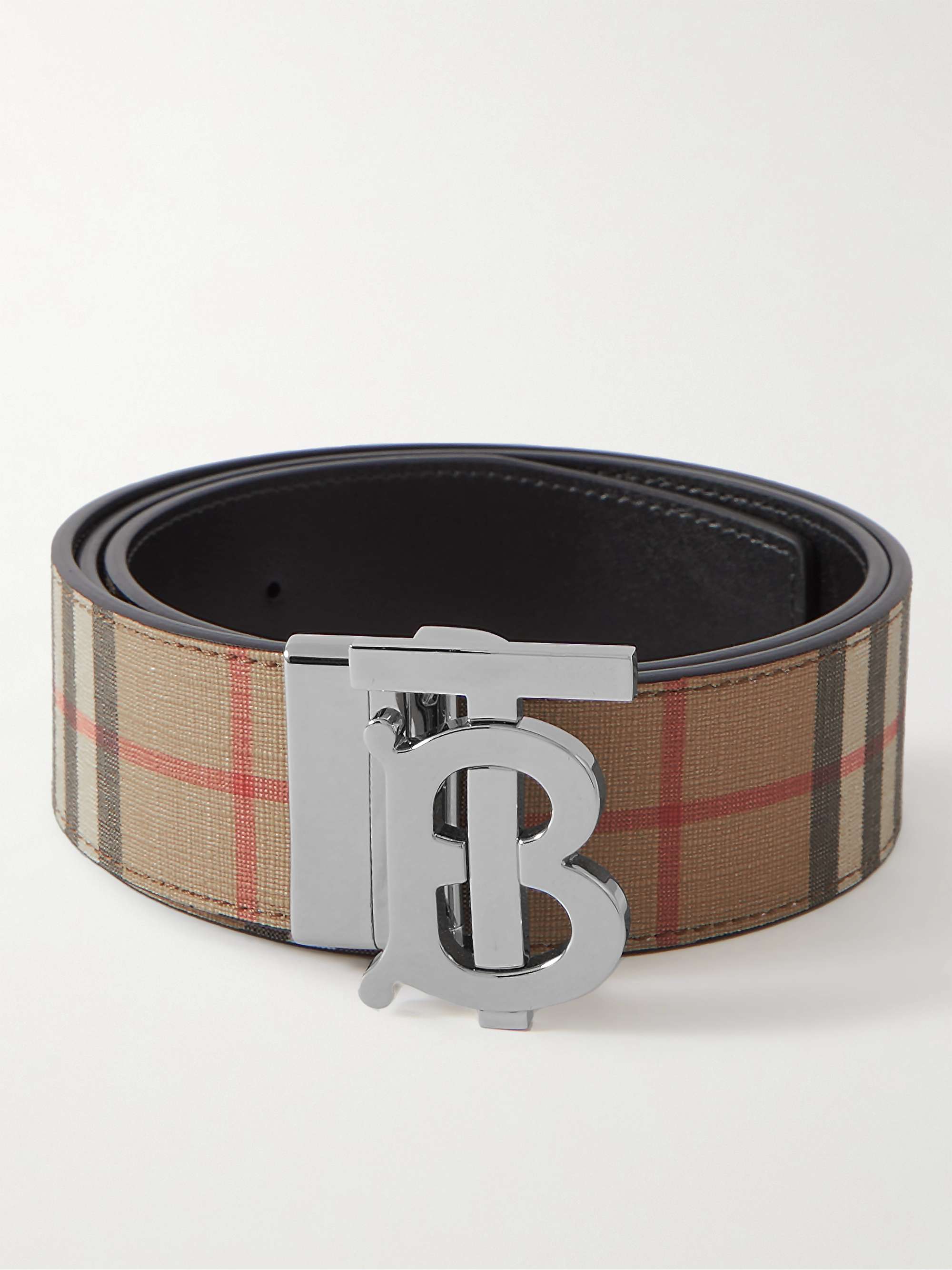 BURBERRY 4cm Reversible Checked E-Canvas and Leather Belt