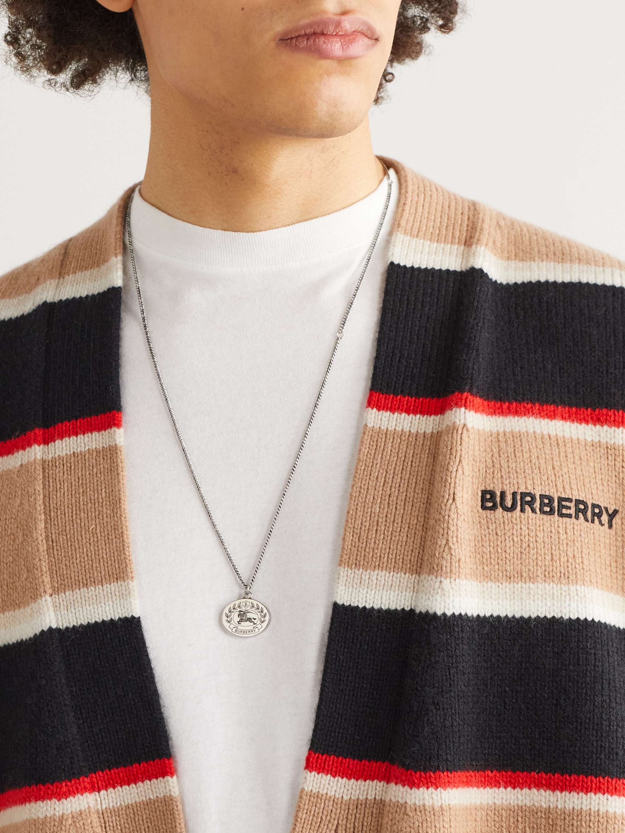 BURBERRY Logo-Engraved Palladium-Plated Pendant Necklace | MR PORTER