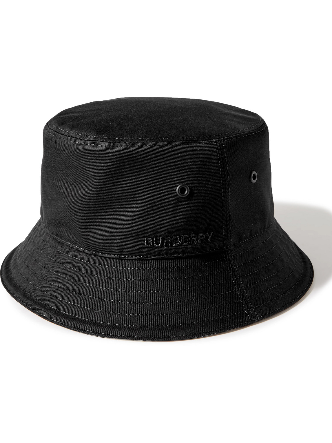 Burberry Embroidered Logo Cotton Gabardine Bucket Hat In Black