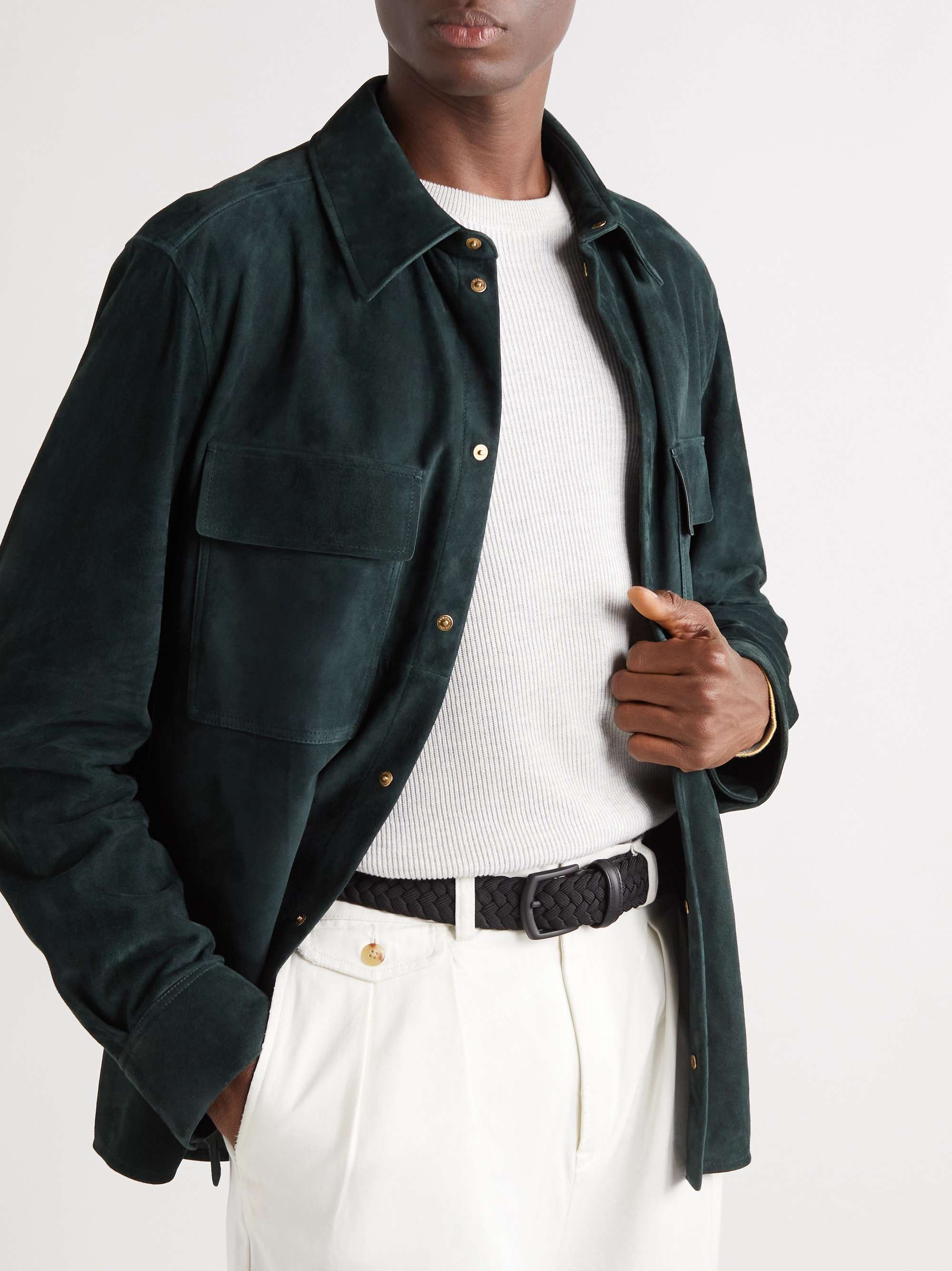 ANDERSON'S Leather-Trimmed Woven Elastic Belt