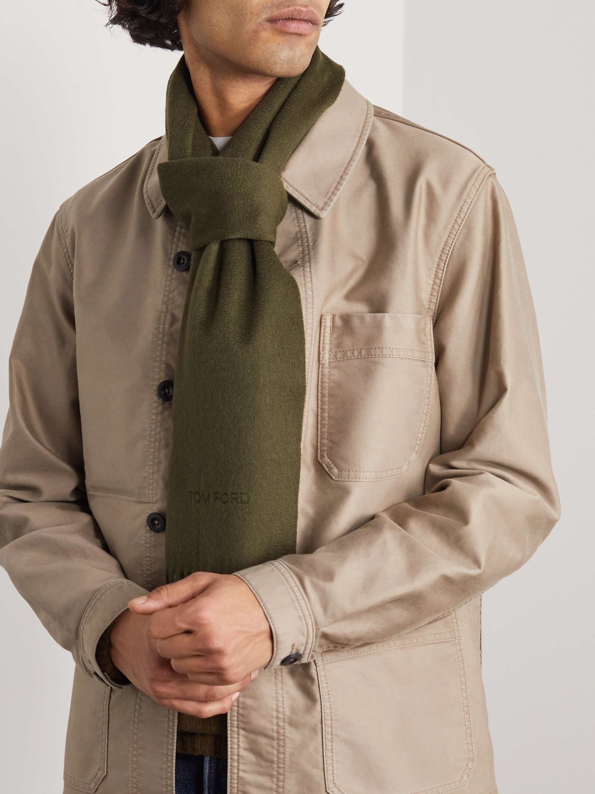 TOM FORD Logo-Embroidered Fringed Cashmere Scarf