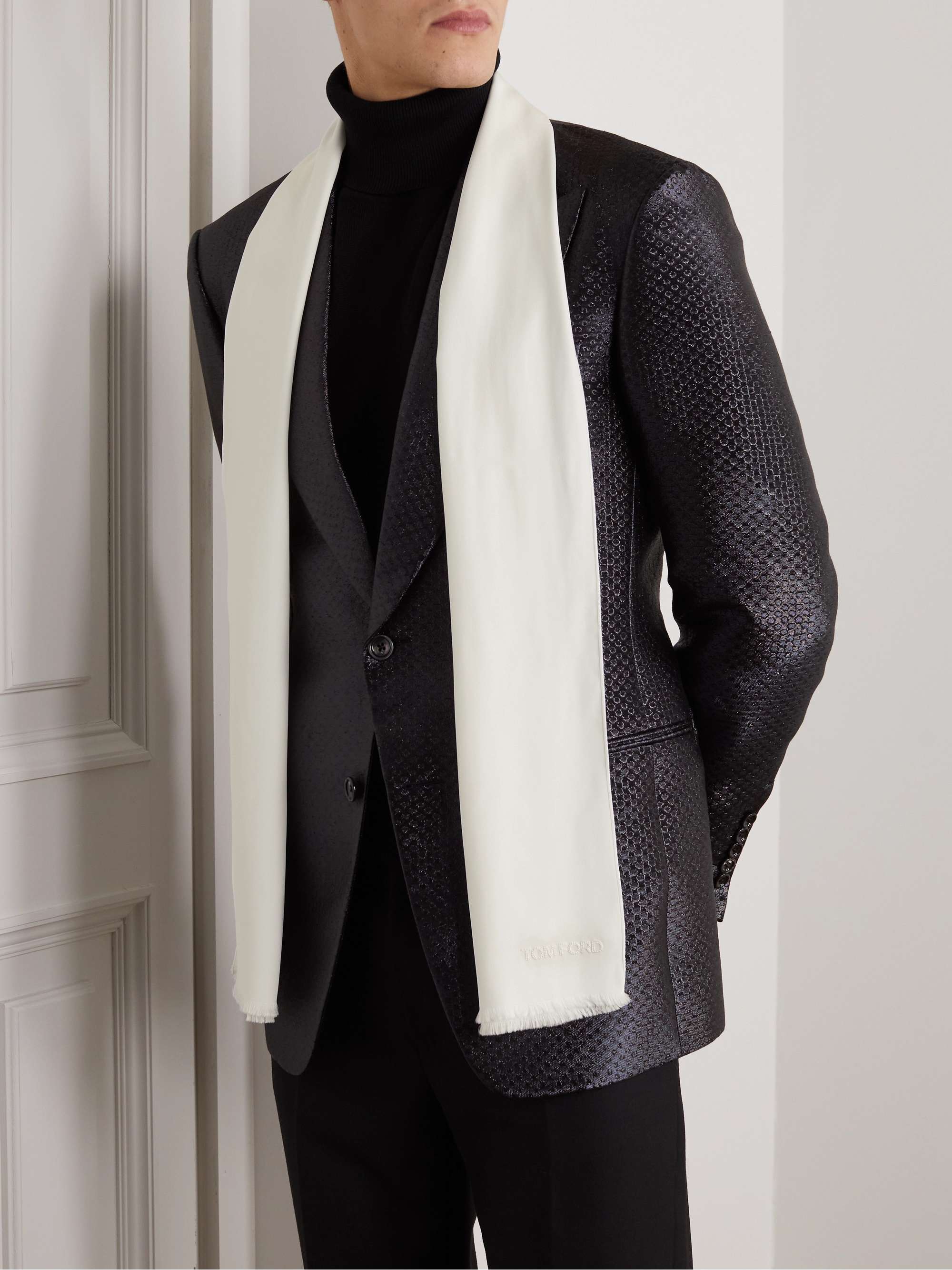 TOM FORD Logo-Embroidered Frayed Silk-Crepe Scarf