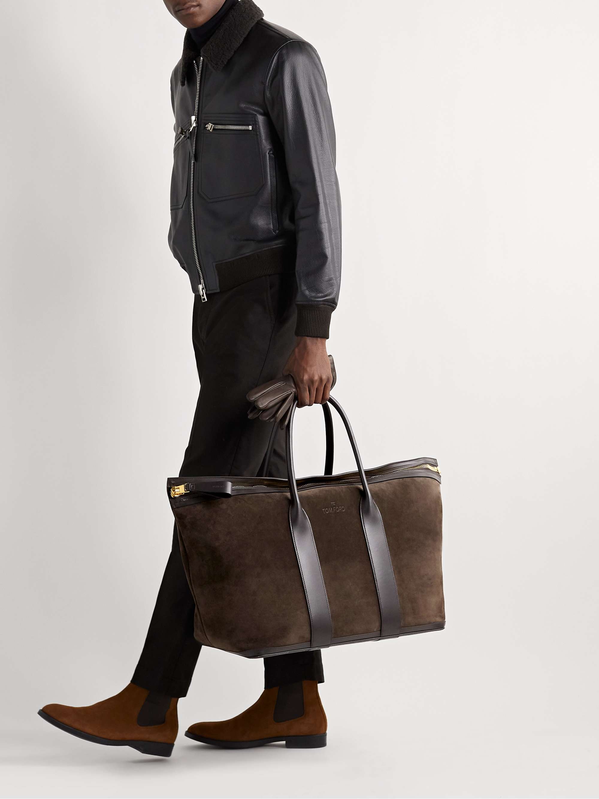 Dark brown Buckley Leather-Trimmed Suede Tote Bag | TOM FORD | MR PORTER