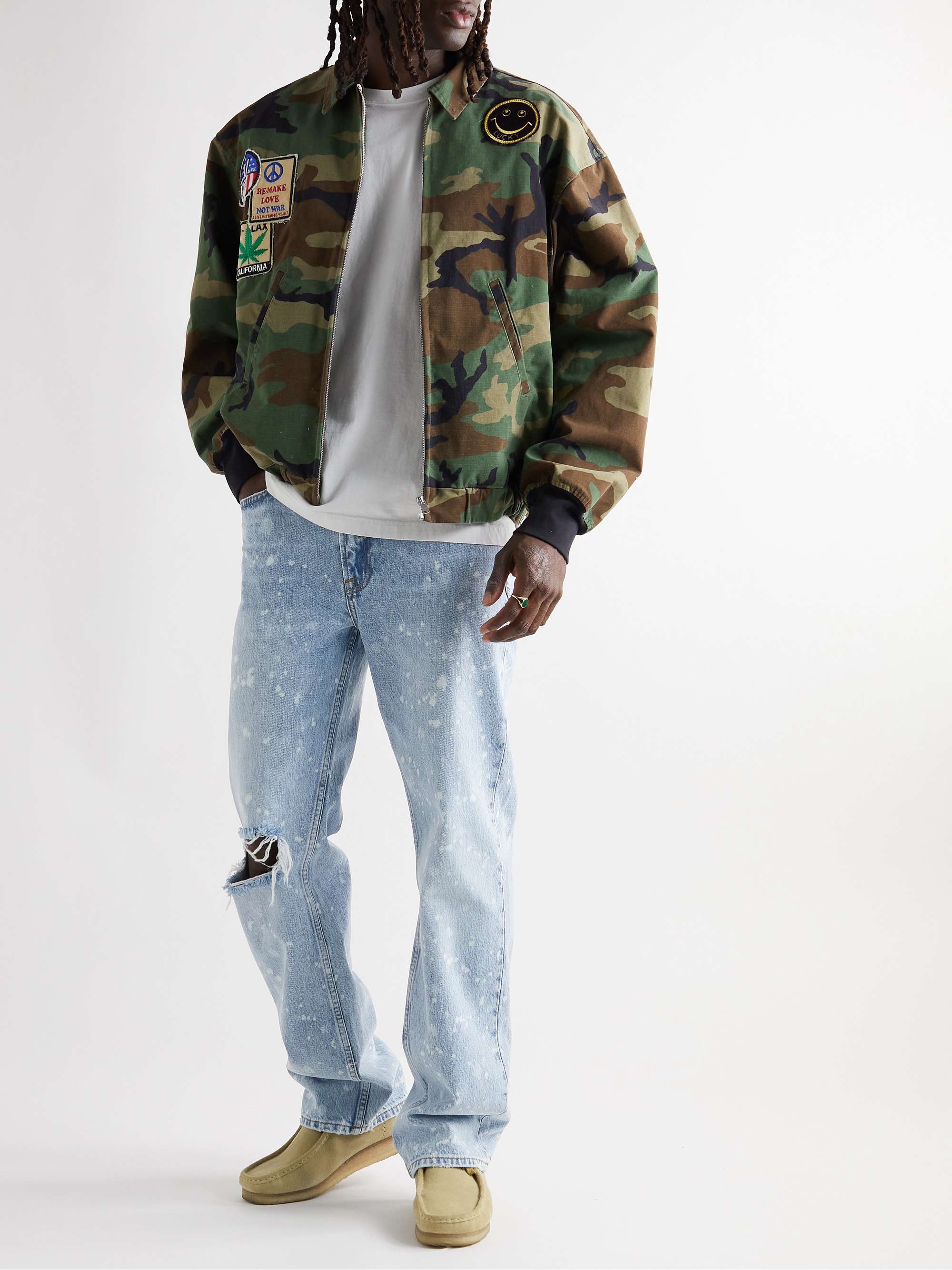FRAME The Boxy Straight-Leg Distressed Paint-Splattered Jeans