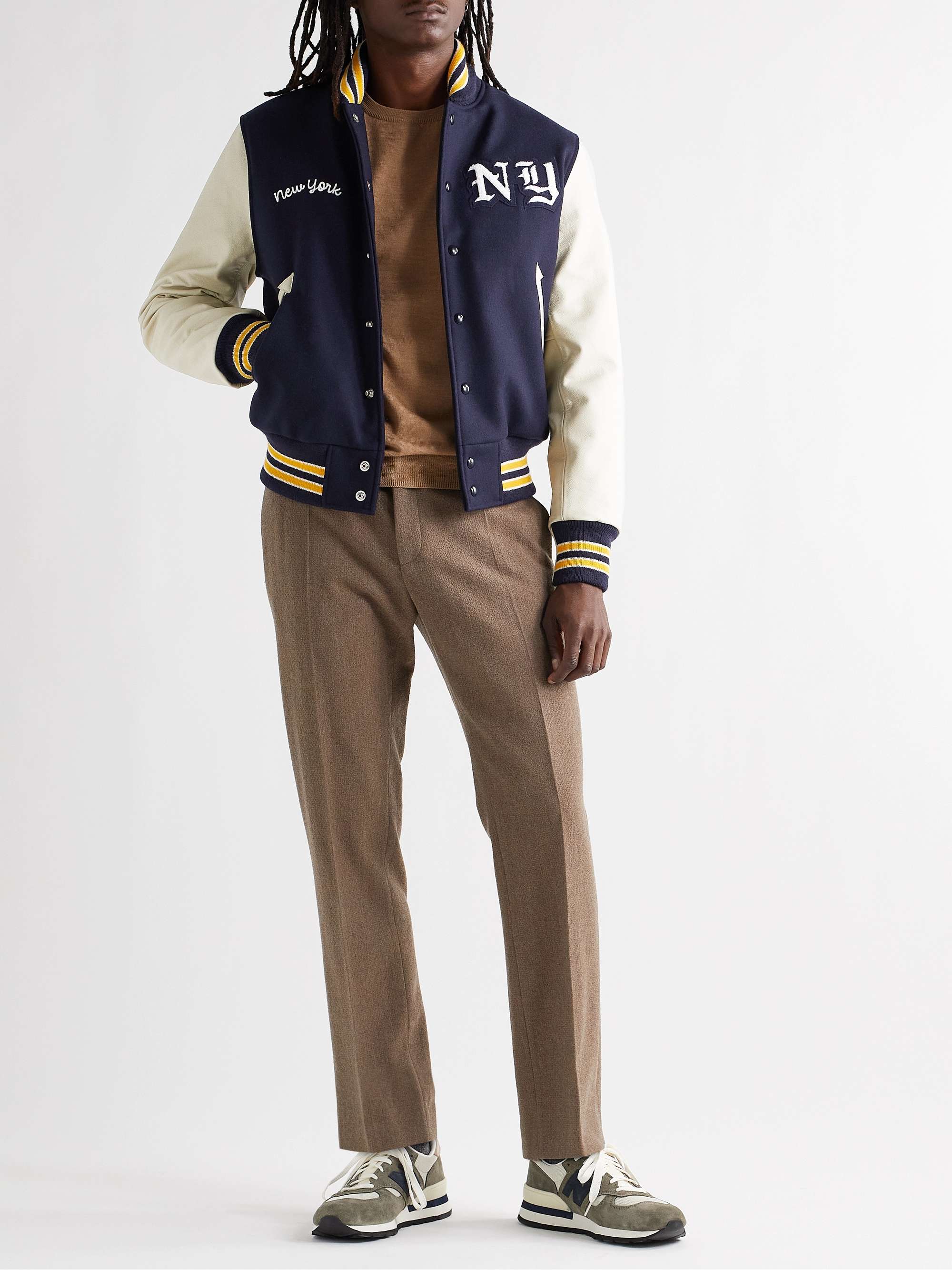 New York Appliquéd Wool-Blend and Leather Varsity Jacket